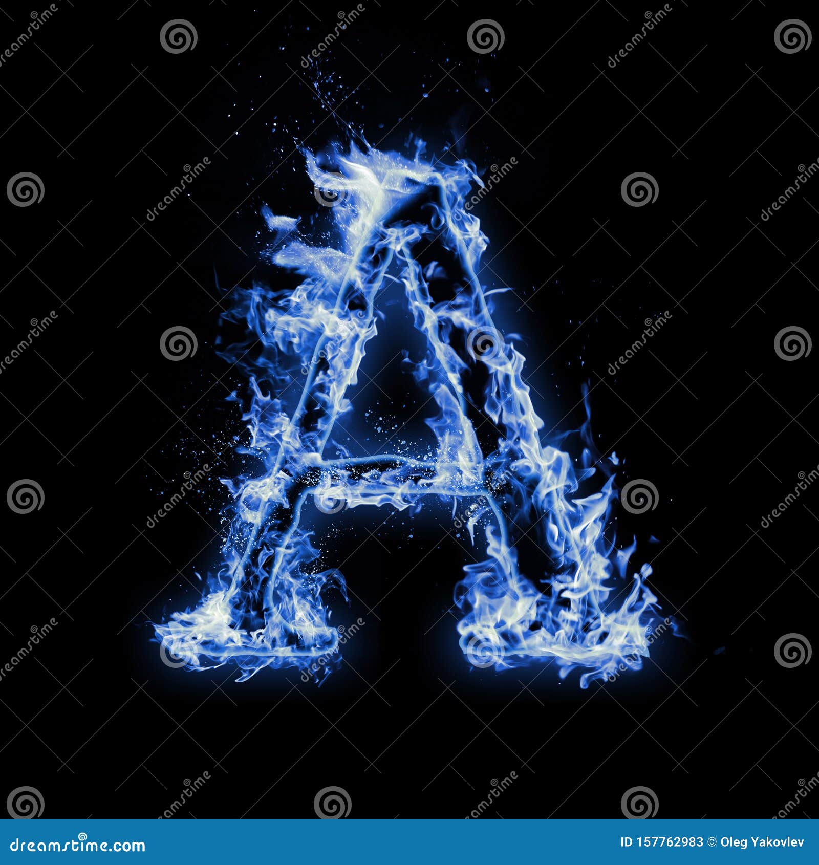 Letter a. Blue Fire Flames on Black Stock Illustration