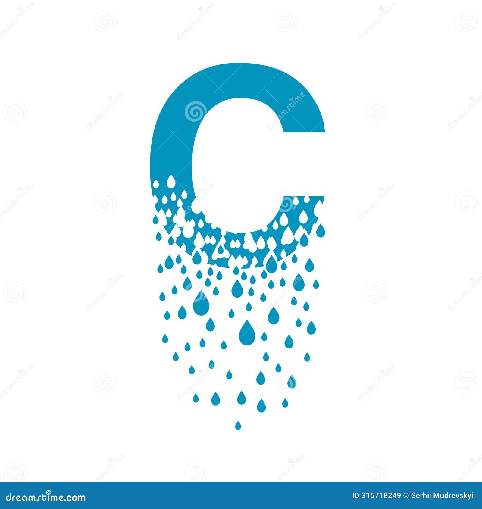 the letter c dissolves into droplets. drops of liquid fall out as precipitation. destruction effect. dispersion