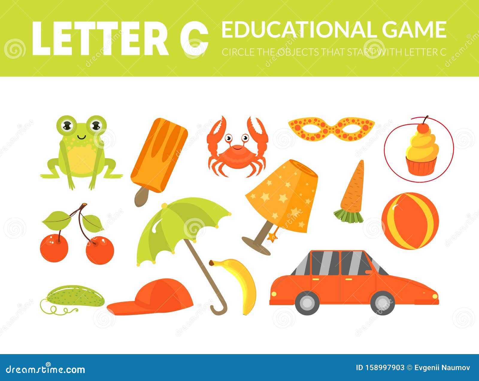 Letter C Educational Game for Kids Template, Circle the Objects that Start with Letter C Vector