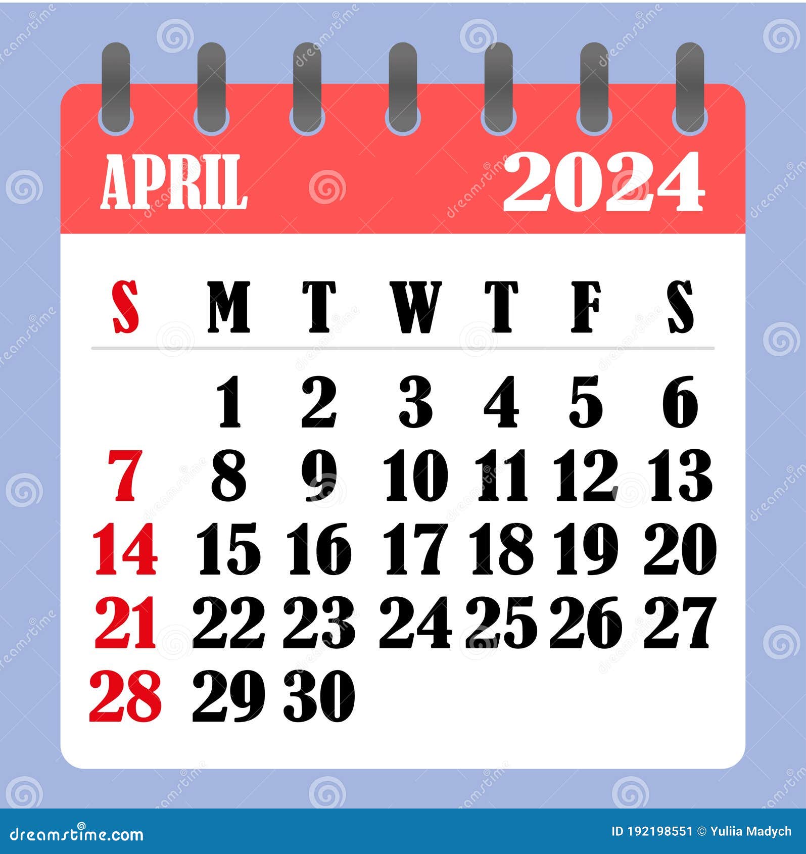 Letter Calendar for April 2024. the Week Begins on Sunday. Time