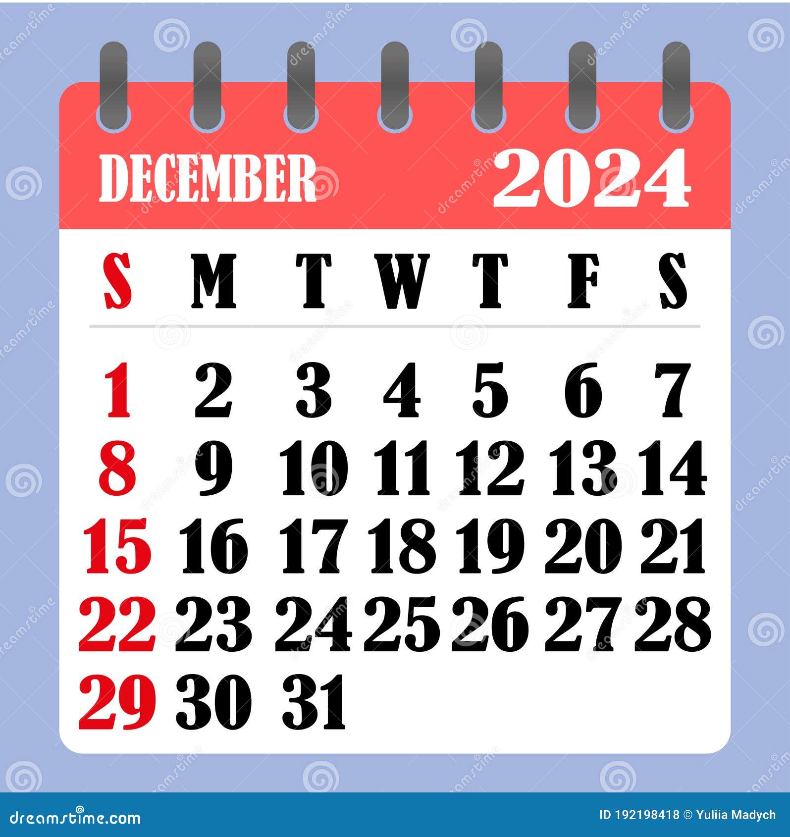 Letter Calendar for December 2024. the Week Begins on Sunday. Time