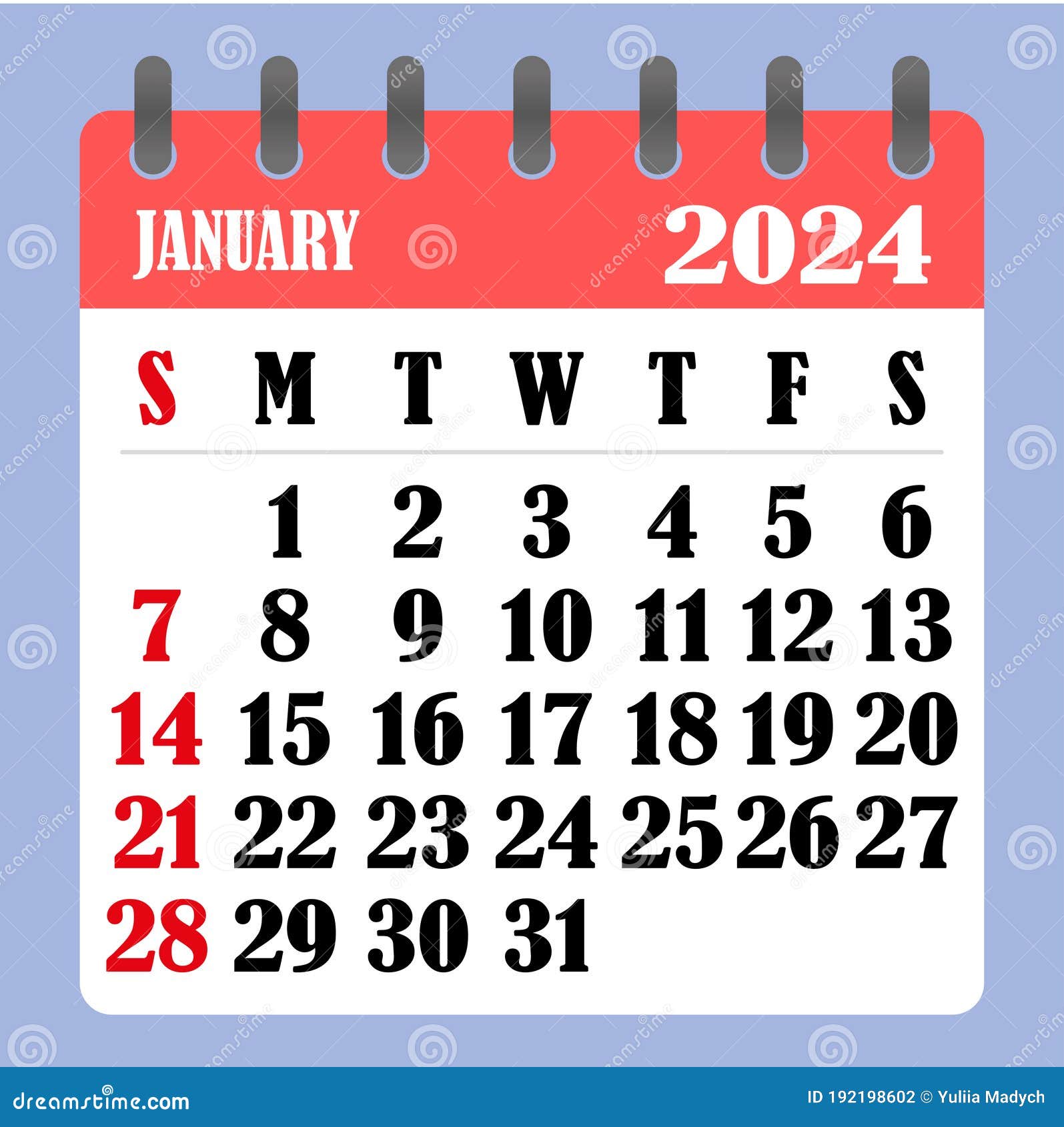 Letter Calendar for January 2024. the Week Begins on Sunday. Time