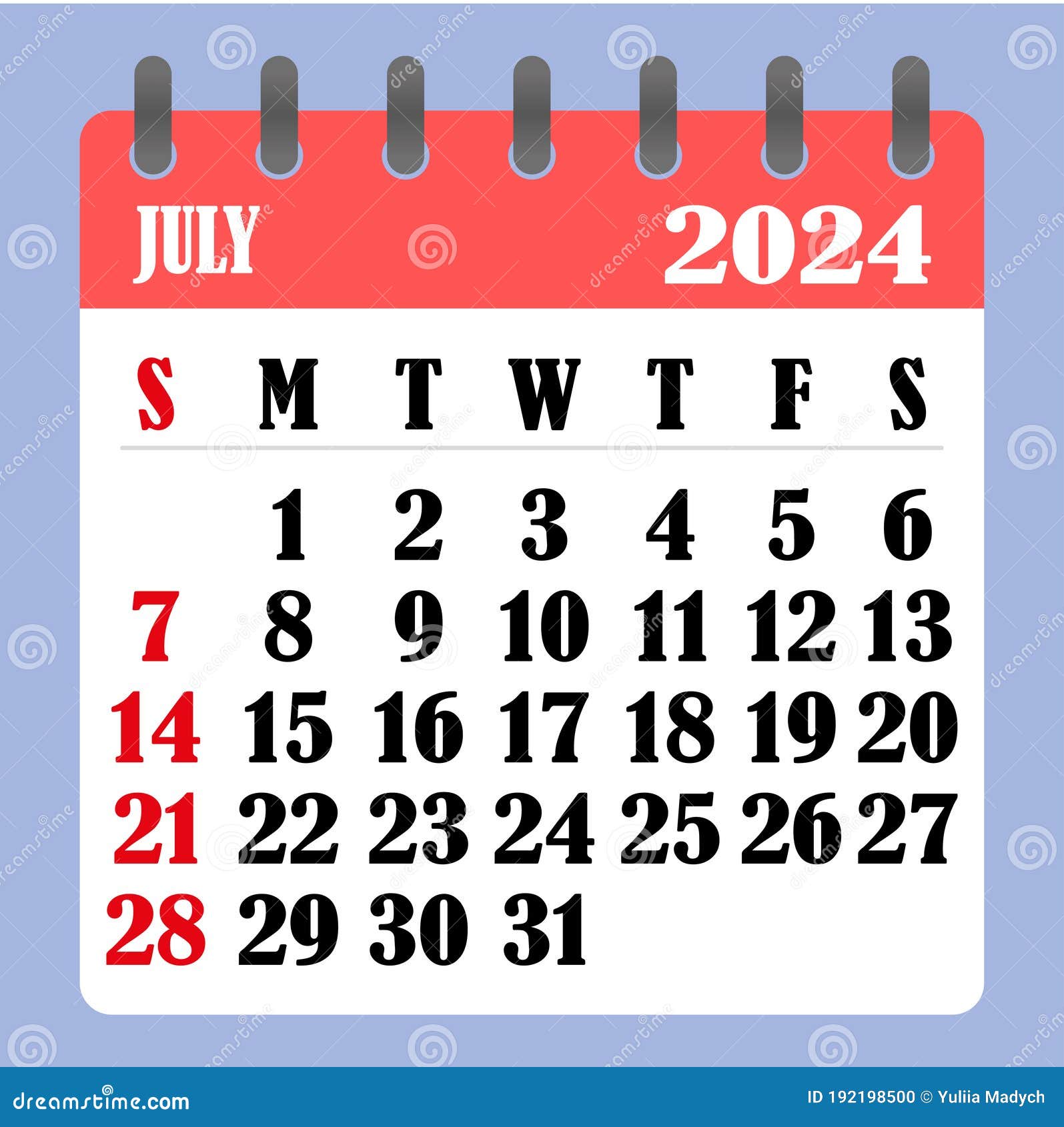 Letter Calendar for July 2024. the Week Begins on Sunday. Time