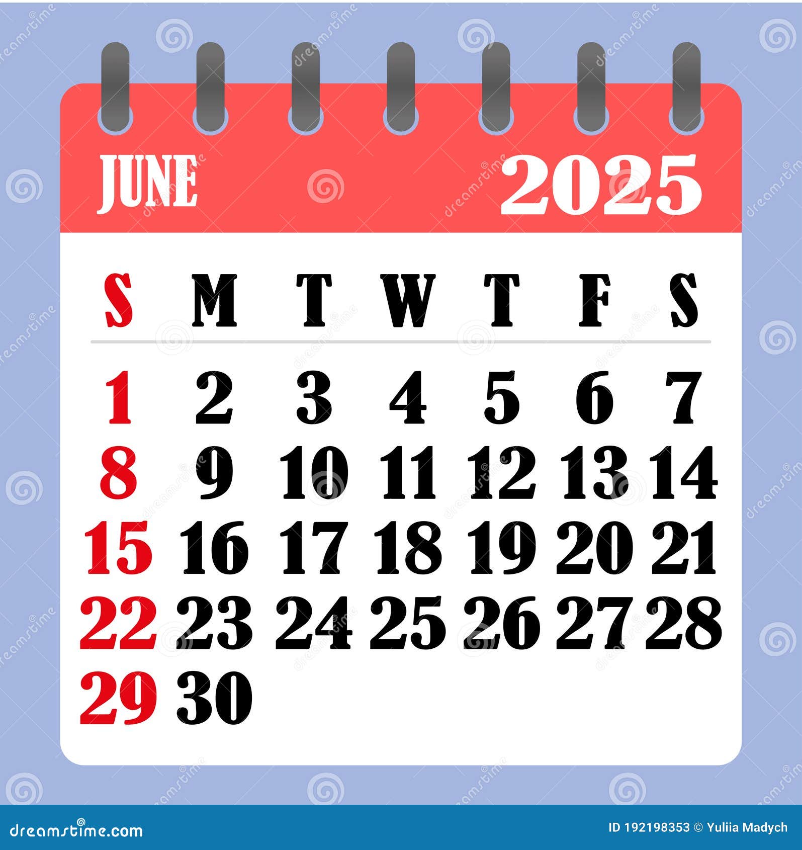 Letter Calendar for June 2025. the Week Begins on Sunday. Time