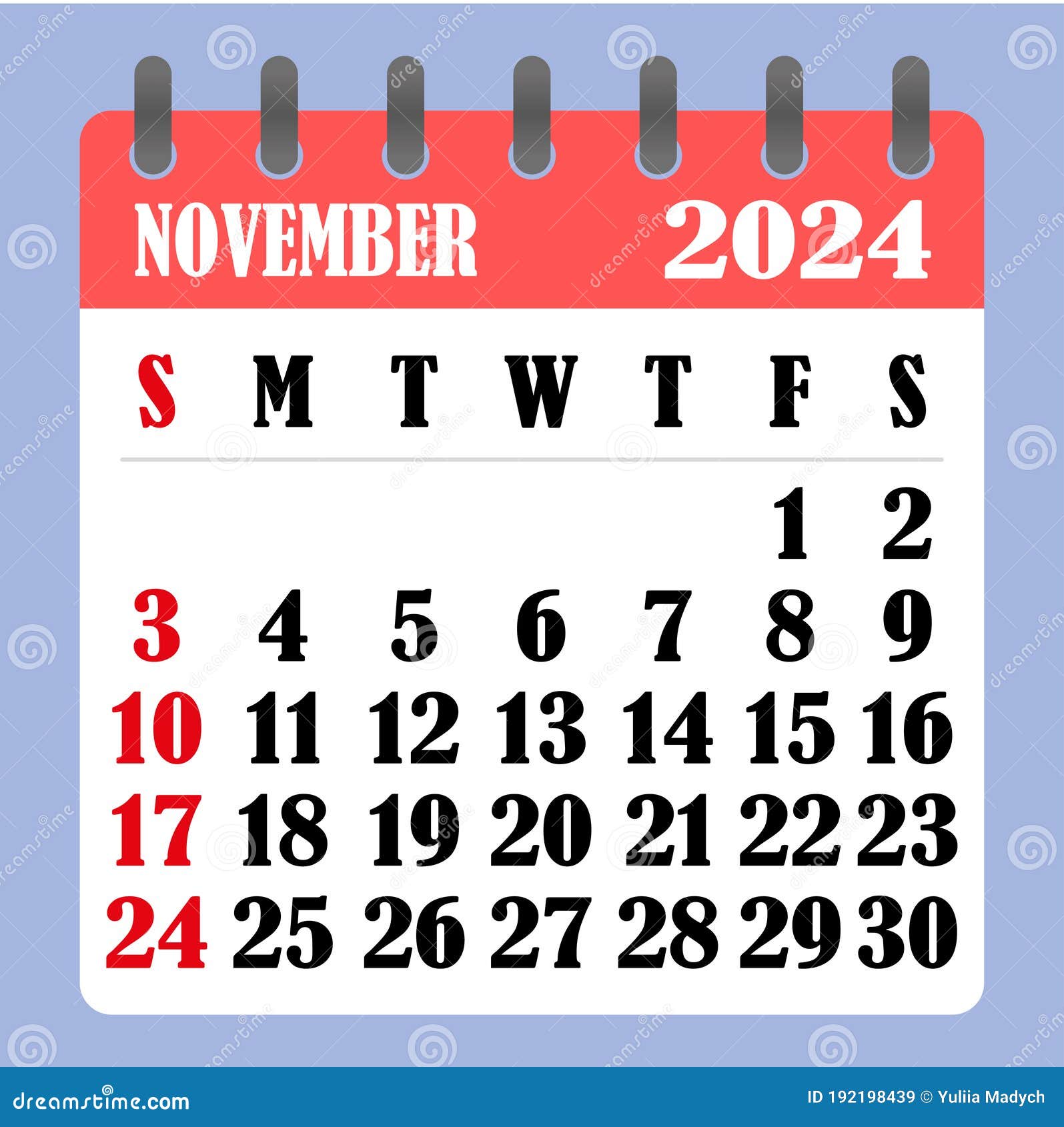 Letter Calendar for November 2024. the Week Begins on Sunday. Time