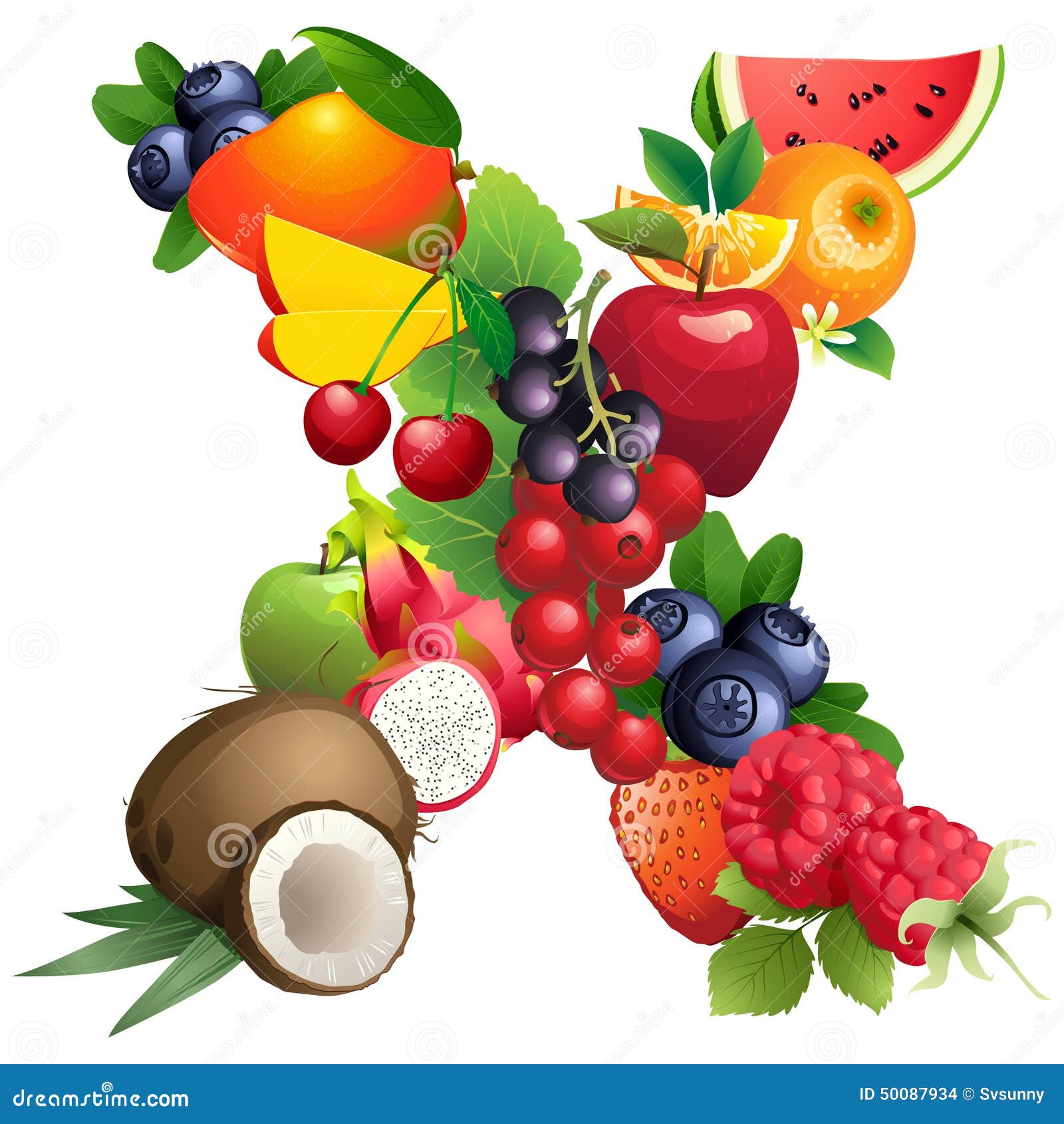 Letter X Composed of Different Fruits with Leaves Stock Vector Illustration of apple, exotic
