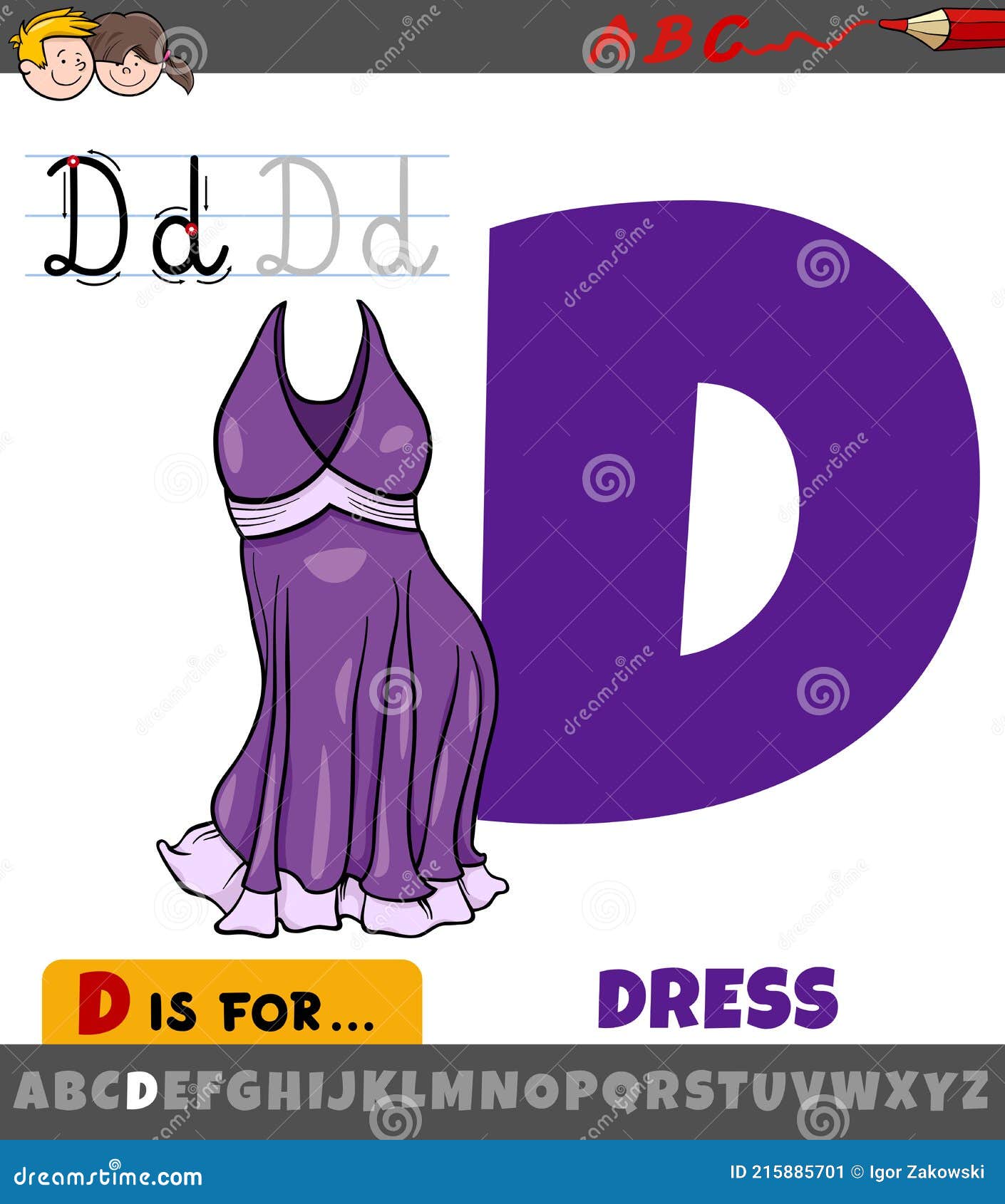 Letter D from Alphabet with Cartoon Dress Objects Stock Vector Illustration of school, game