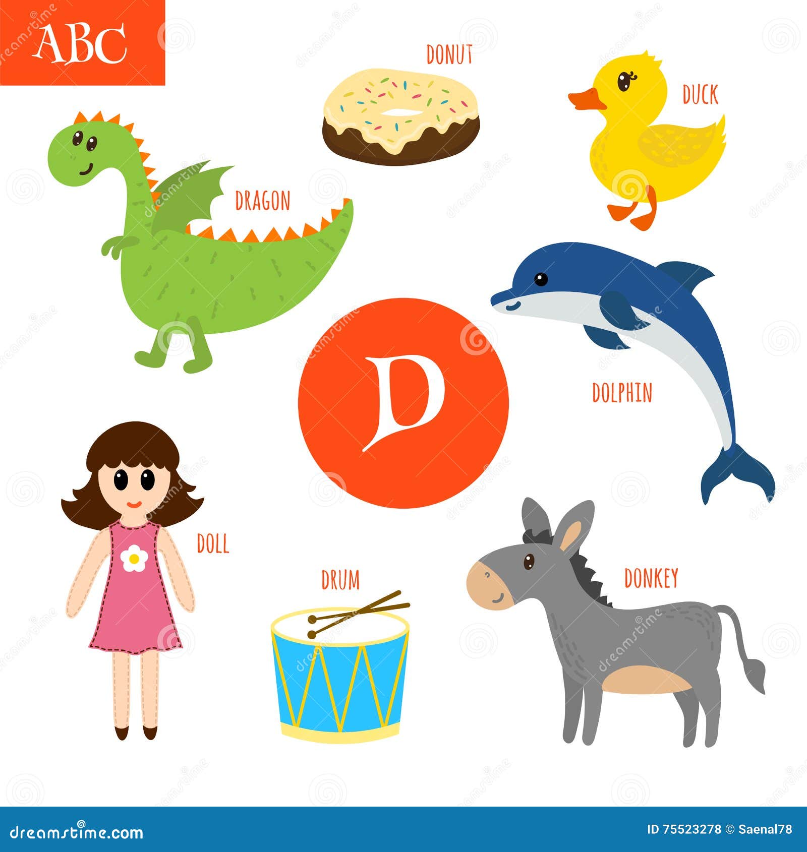 Letter D. Cartoon Alphabet for Children. Duck, Drum, Dolphin, Do Stock ...