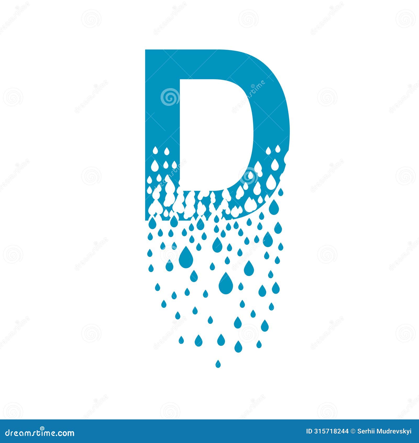 the letter d dissolves into droplets. drops of liquid fall out as precipitation. destruction effect. dispersion