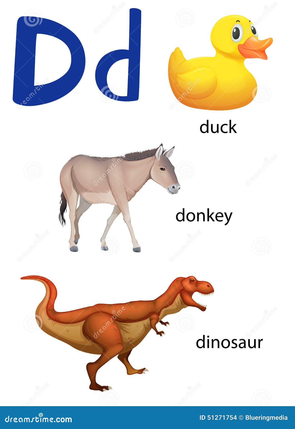 Letter D For Duck, Donkey And Dinosaur Stock Vector - Image: 51271754