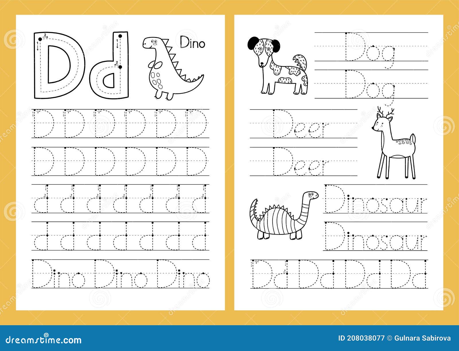 letter d. tracing practice worksheet set. learning alphabet activity page