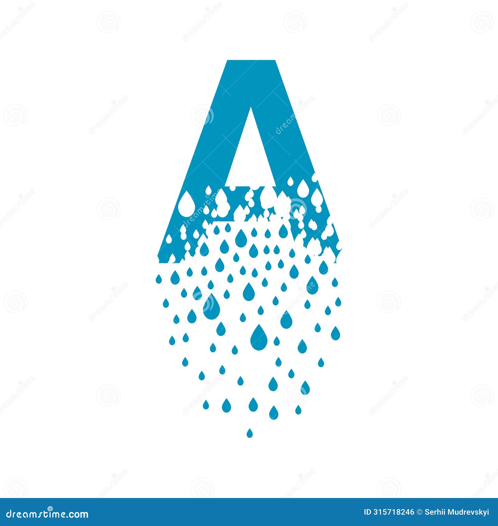 the letter a dissolves into droplets. drops of liquid fall out as precipitation. destruction effect. dispersion