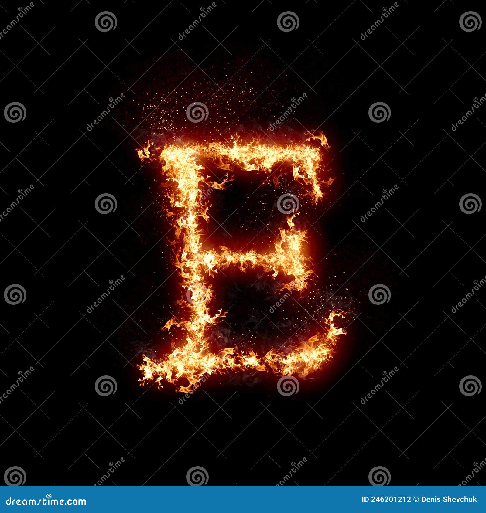 Letter E Burning in Fire, Digital Art Isolated on Black Background, a ...