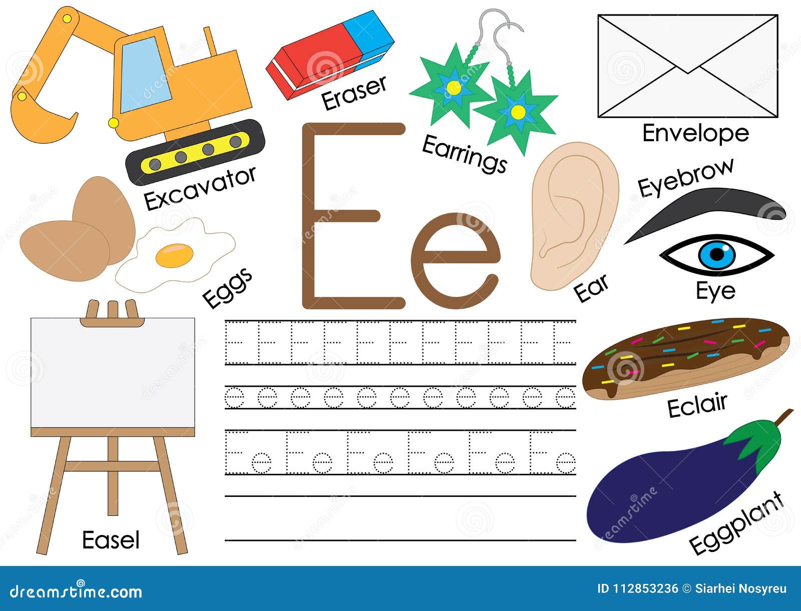 Parola In Inglese Con La E Letter E. English Alphabet. Connect The Dots. Educational Game Vector