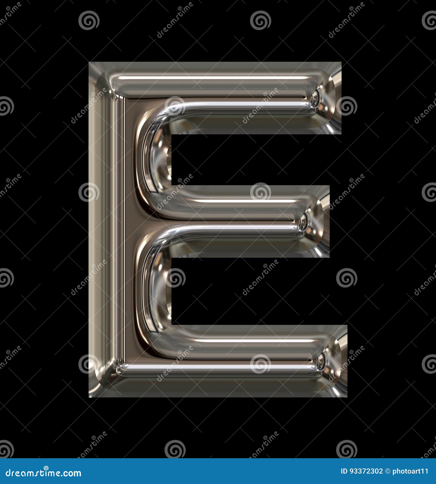 Letter E Rounded Shiny Silver Isolated on Black Stock Illustration