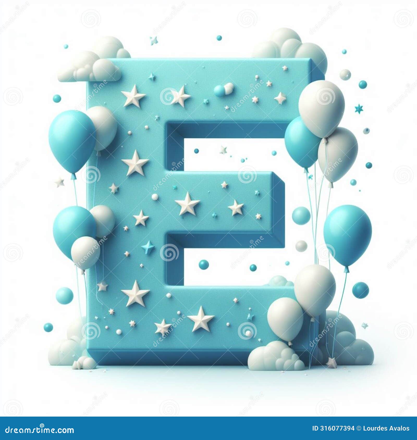 letter e in  with celestial s such as balloons and stars, ideal for creative projects