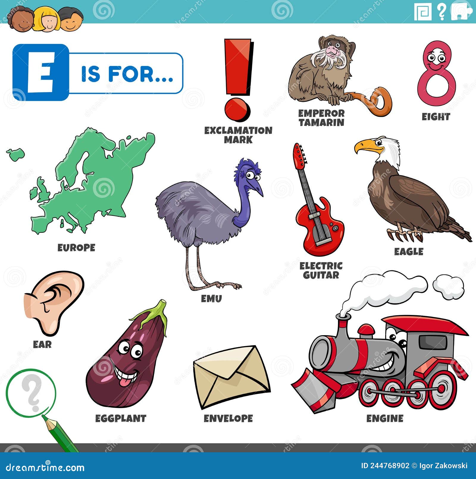 Letter E Words Educational Set with Cartoon Characters Stock Vector
