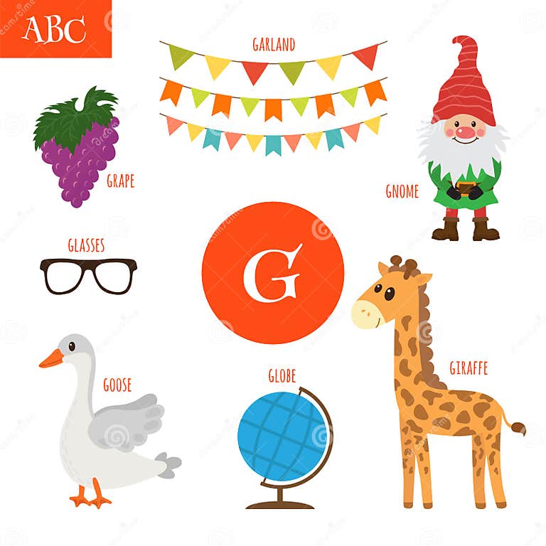 Letter G. Cartoon Alphabet for Children. Giraffe, Gnome, Grape, Stock ...