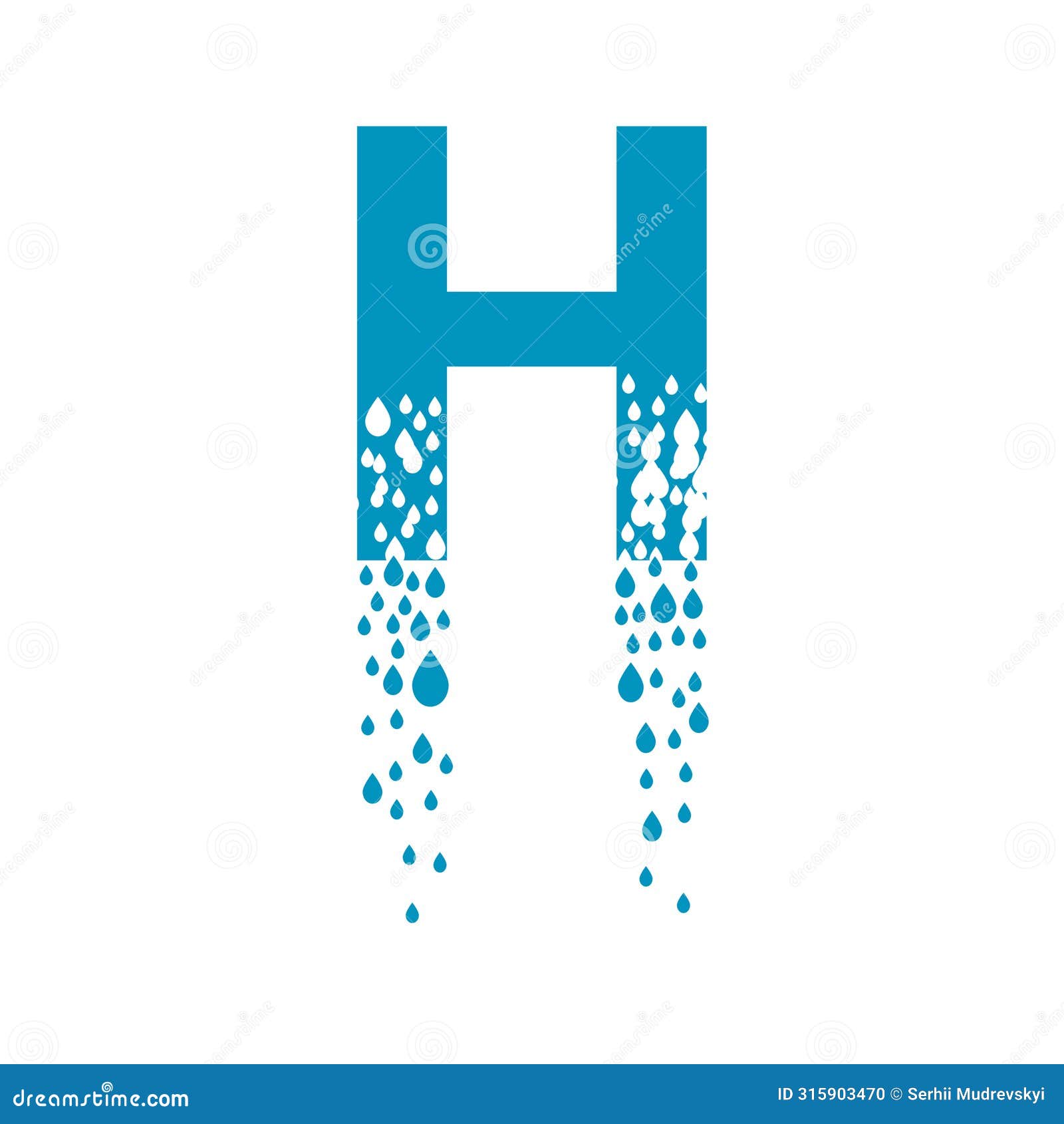 the letter h dissolves into droplets. drops of liquid fall out as precipitation. destruction effect. dispersion