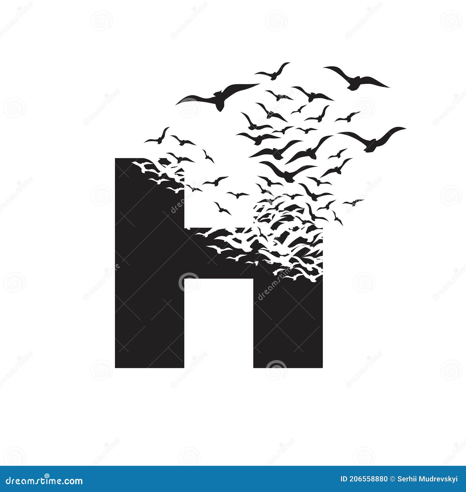 Letter H with Effect of Destruction. Dispersion. Birds Stock Vector ...