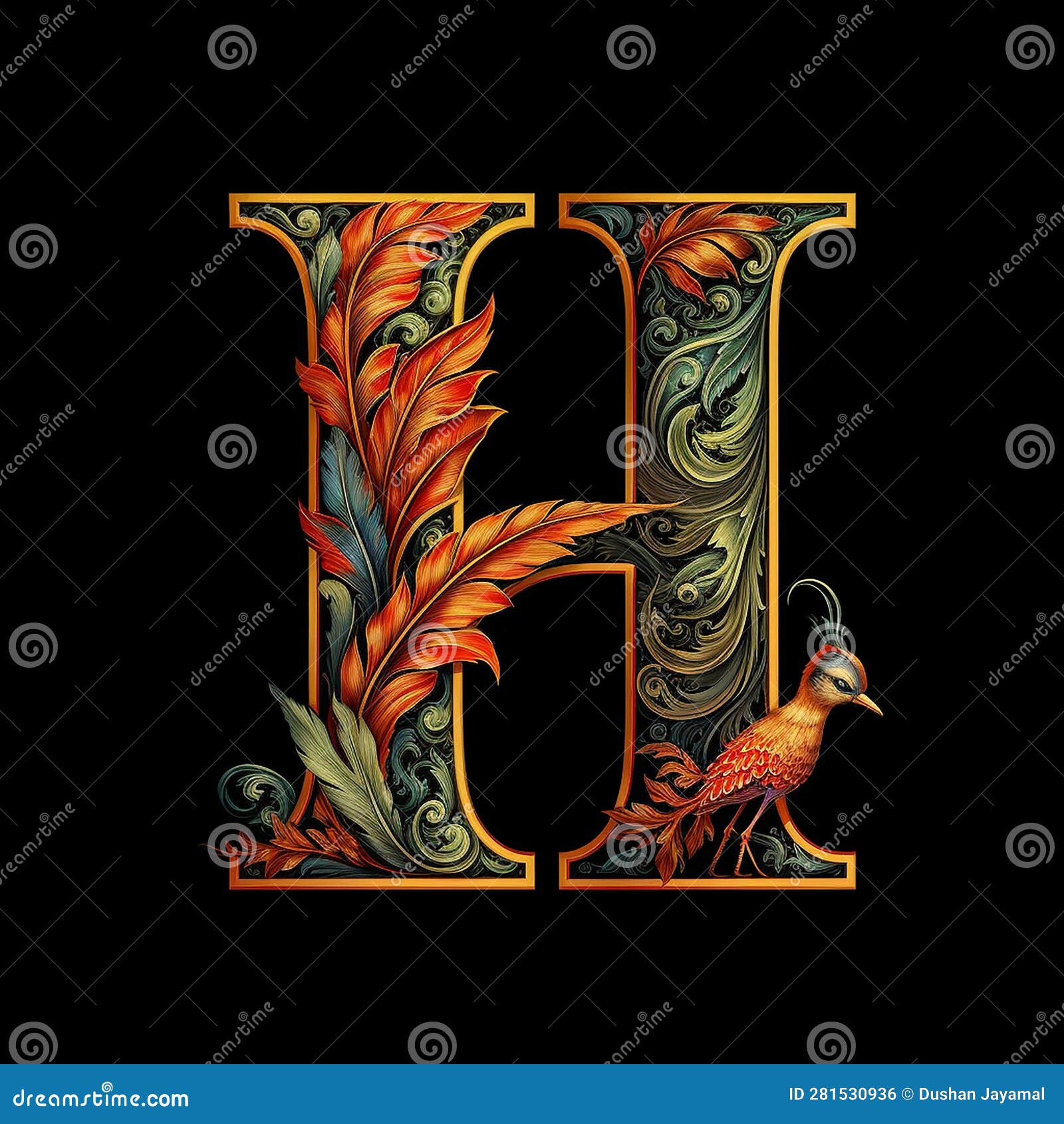 The Letter H in a Mythical Way on Black Background.Generative AI Stock