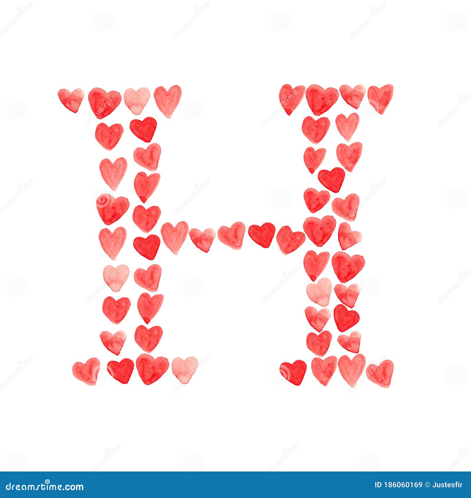 Letter H with Red Hearts - Watercolor Painting Font Isolated on White