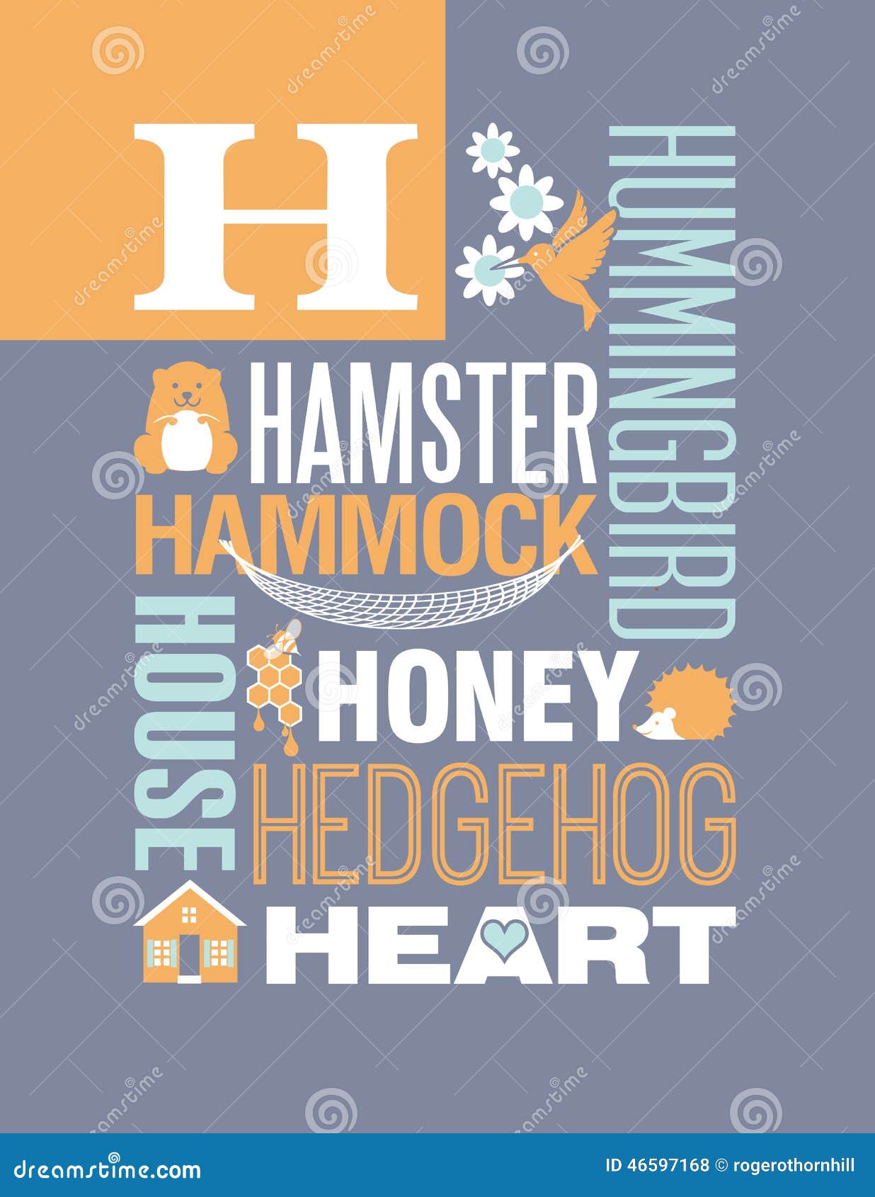 Letter H Words Typography Illustration Alphabet Poster Design Stock