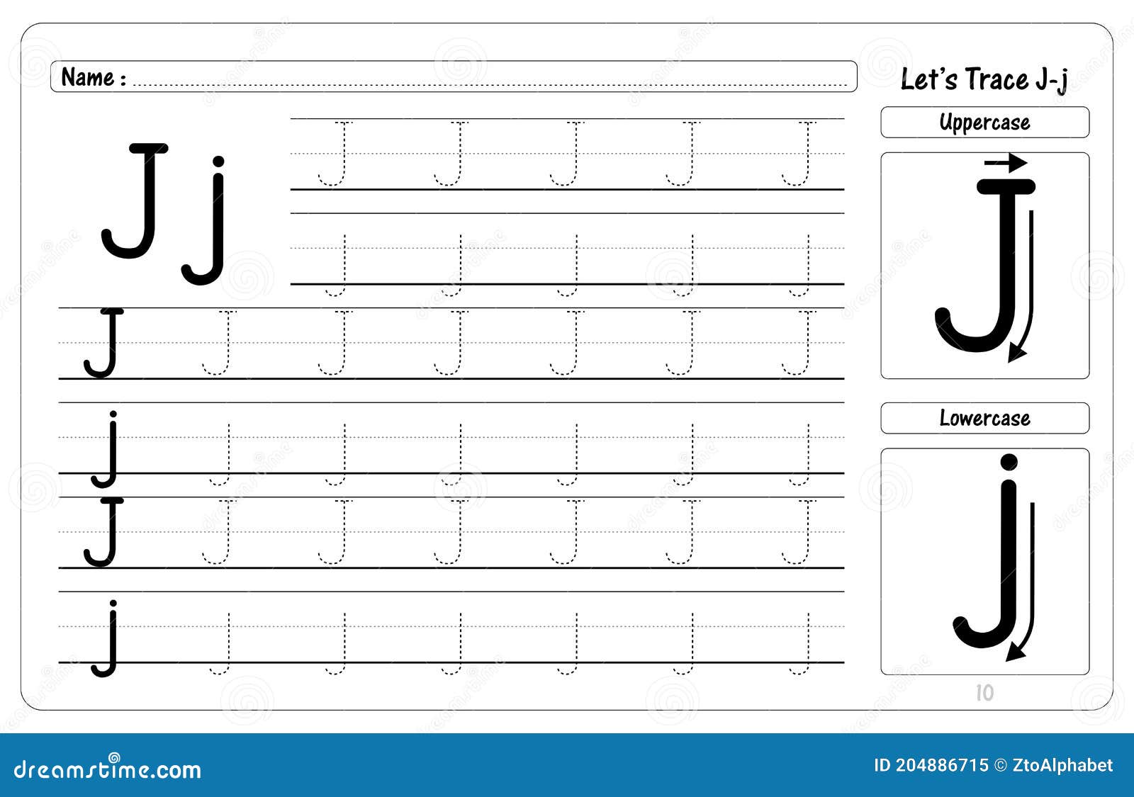 Letter J Tracing and Writing Worksheets Stock Vector