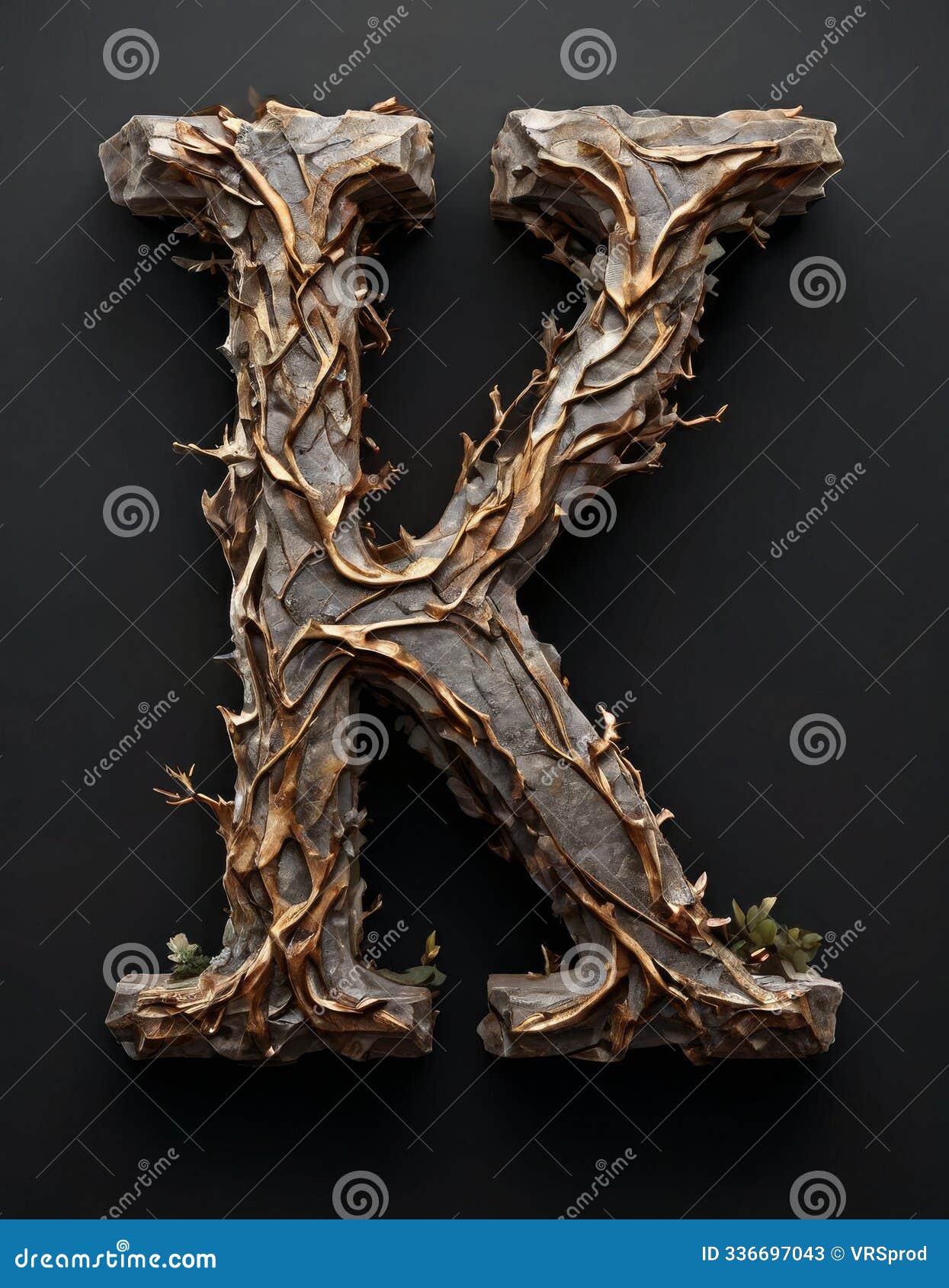 letter k created with twisted branches and roots on dark background