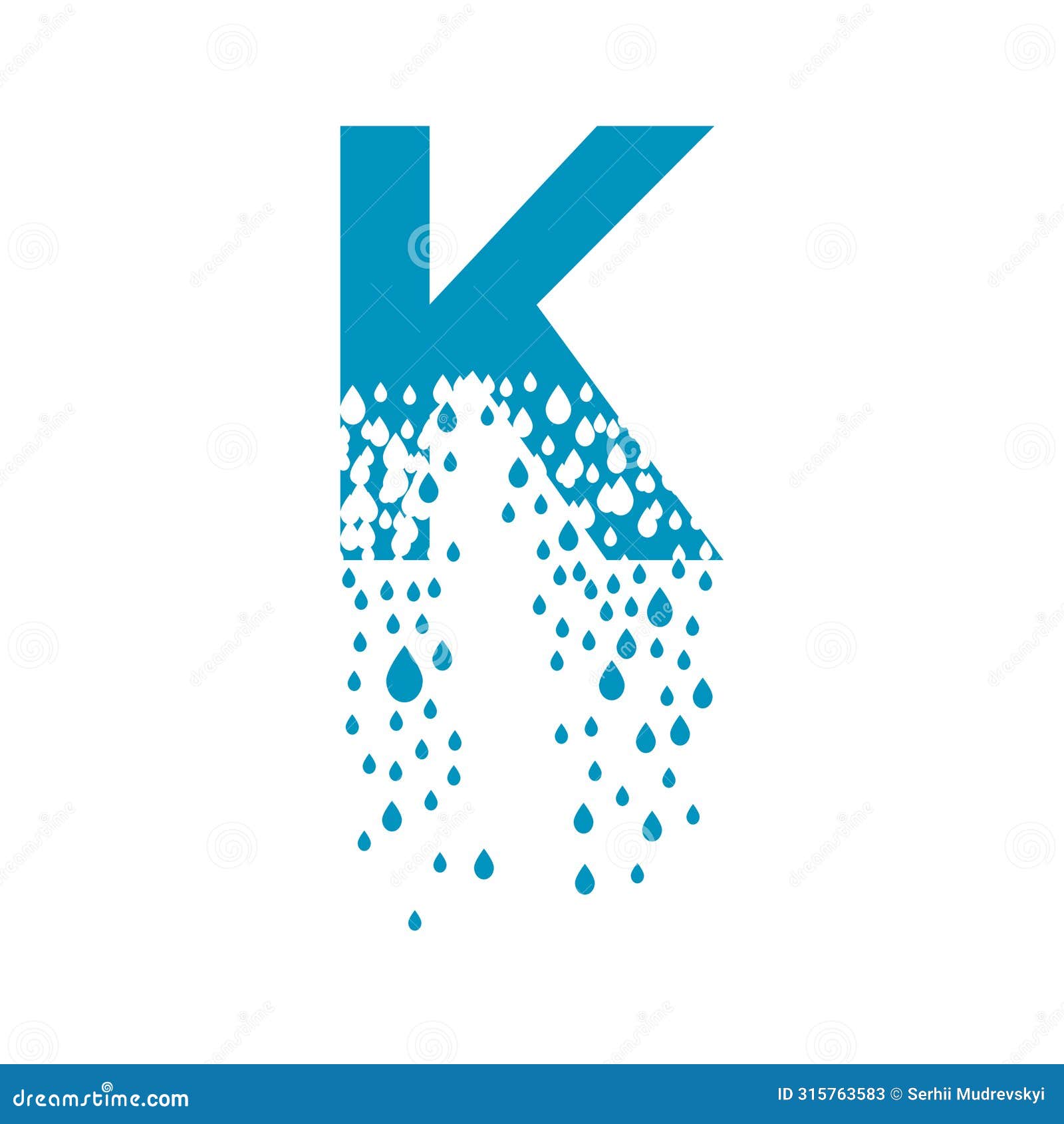 the letter k dissolves into droplets. drops of liquid fall out as precipitation. destruction effect. dispersion