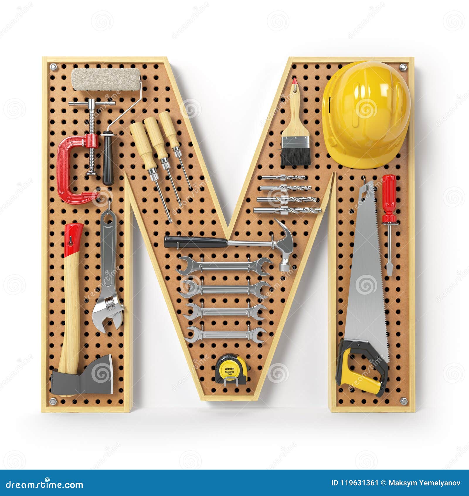 letter m. alphabet from the tools on the metal pegboard 