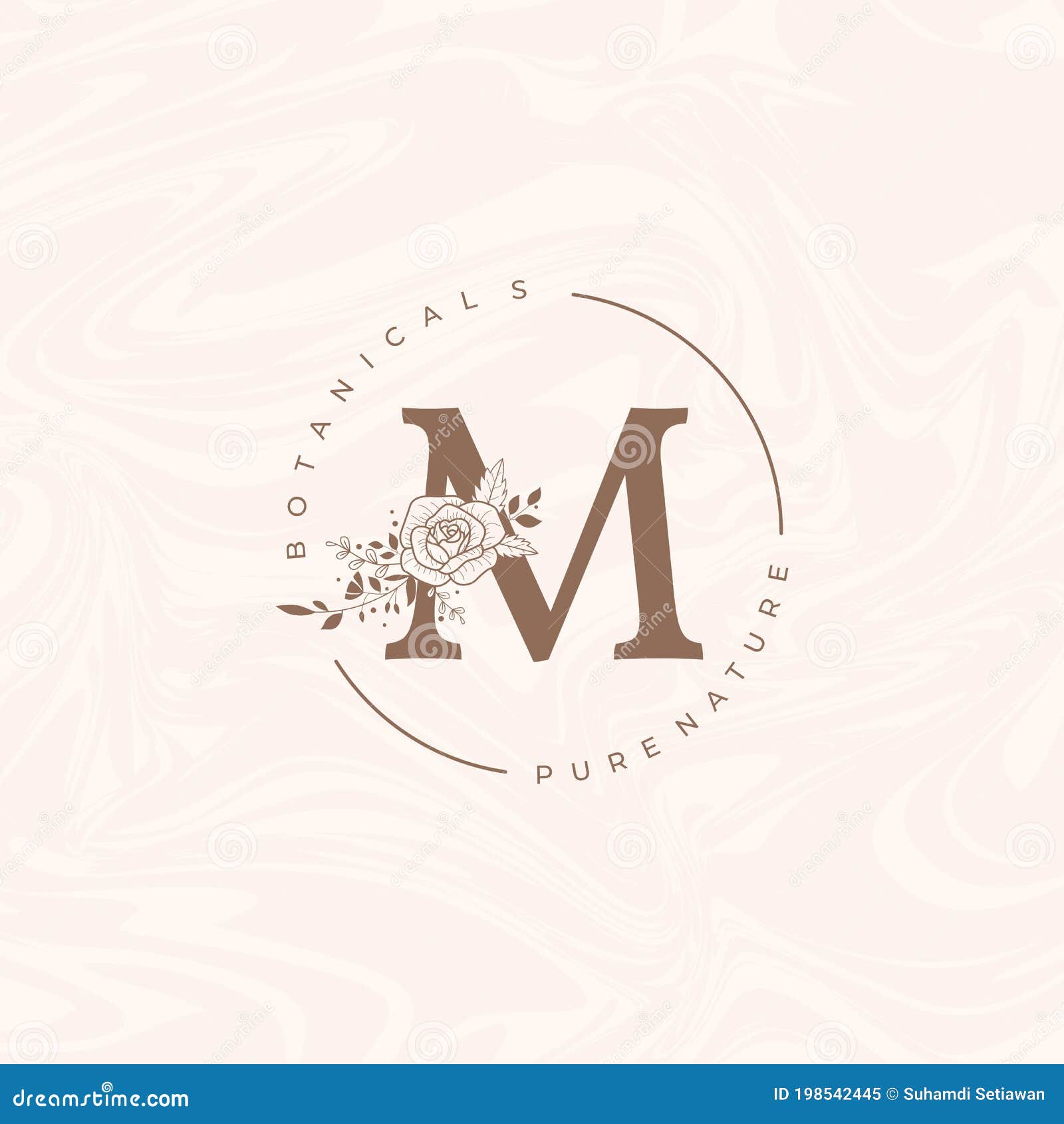 Letter M Botanical Flowers . Initial Wedding Monogram Font Logo