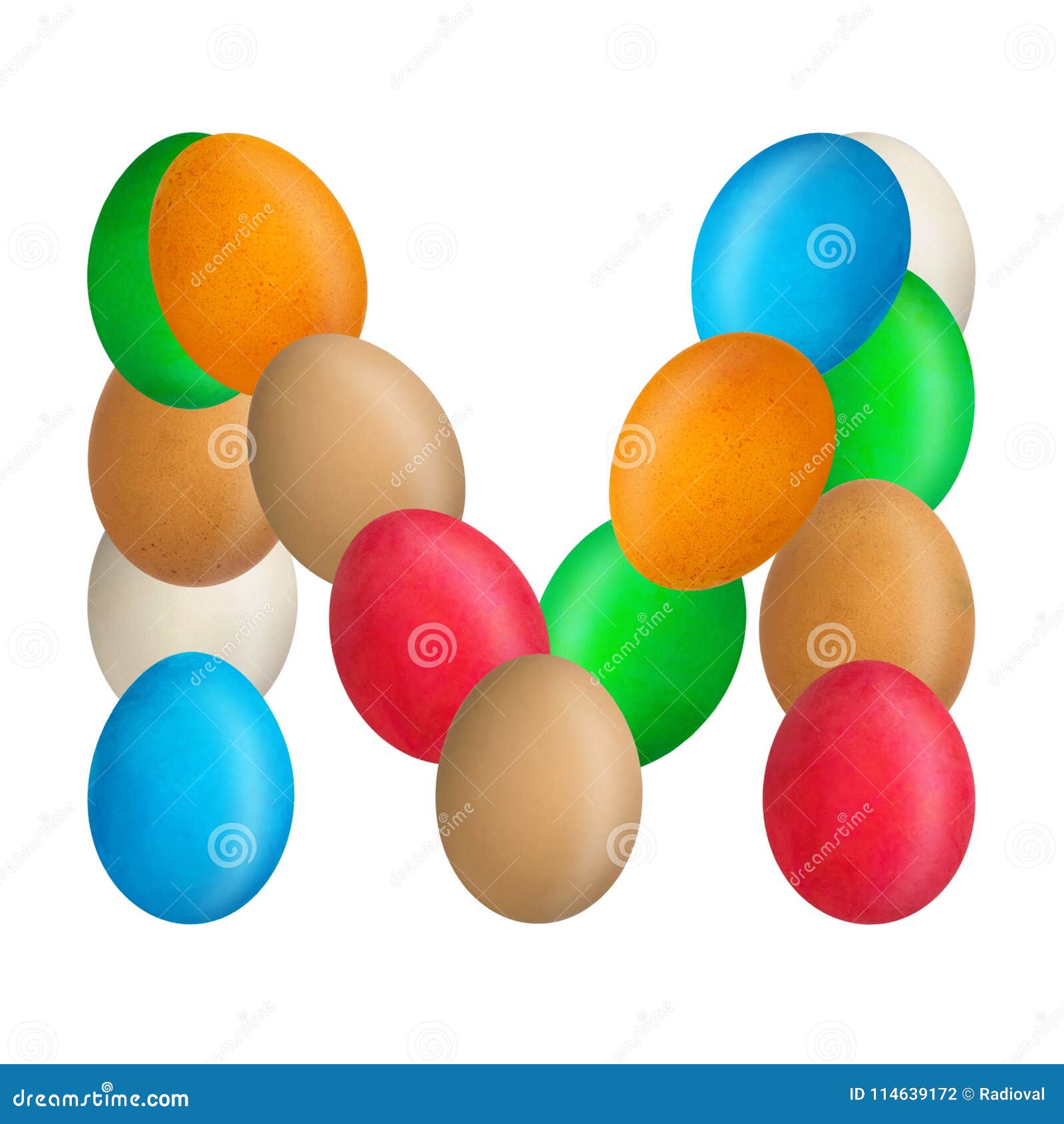 the-letter-m-of-the-english-alphabet-is-made-up-of-colorful-eggs-isolated-white-background