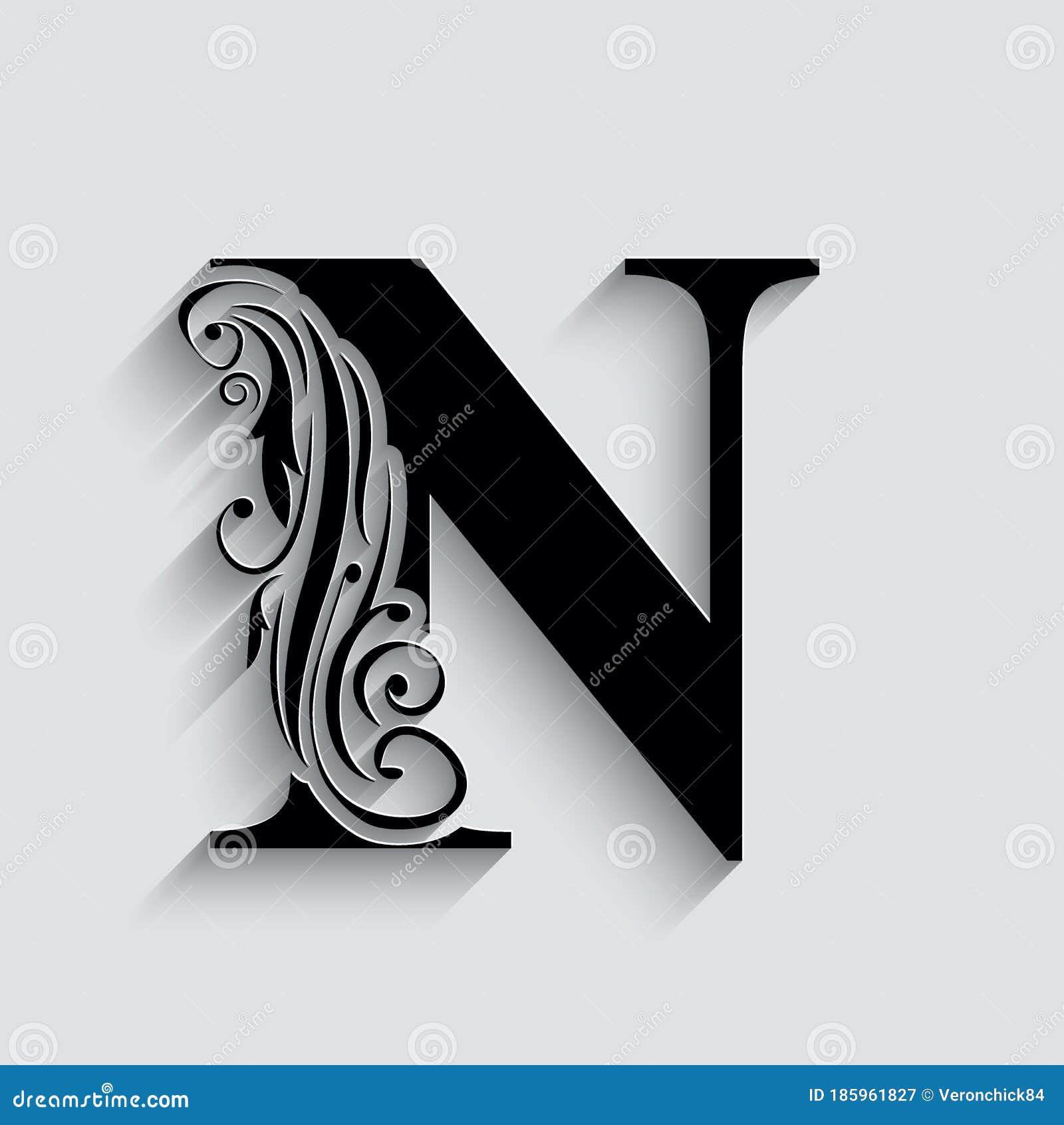 Letter N. Black Flower Alphabet. Beautiful Capital Letters With Shadow  Stock Vector - Illustration Of Logo, Initial: 185961827