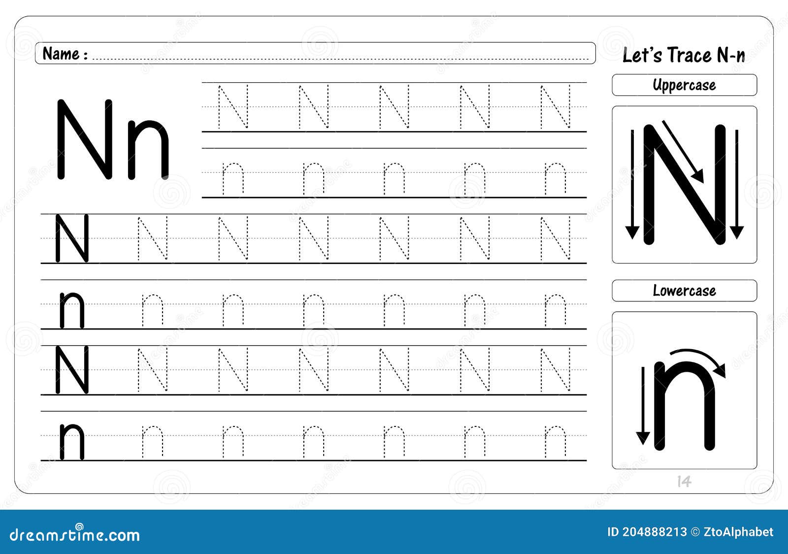 Letter N Tracing And Writing Worksheets Stock Vector