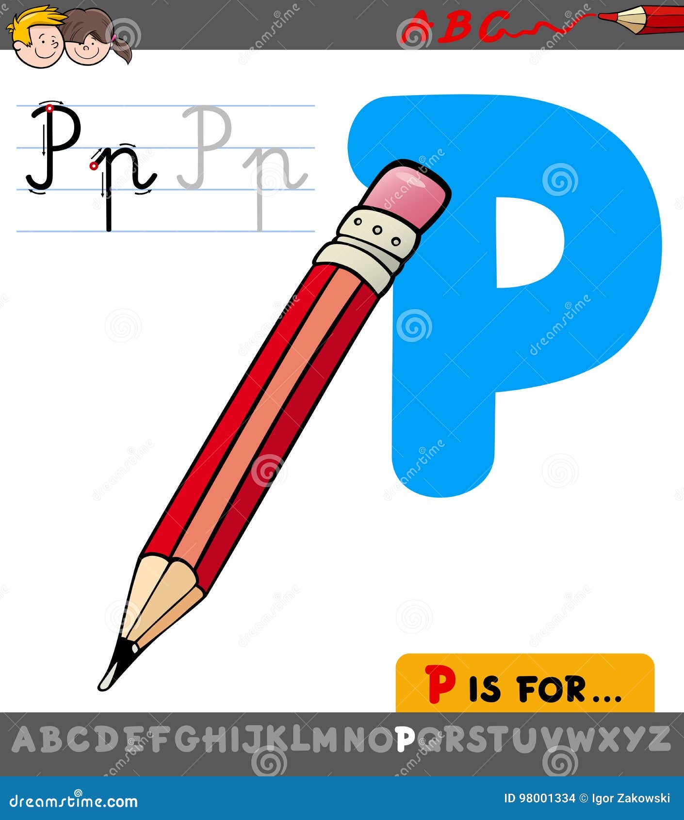 Letter P with Cartoon Pencil Object Stock Vector - Illustration of kids ...