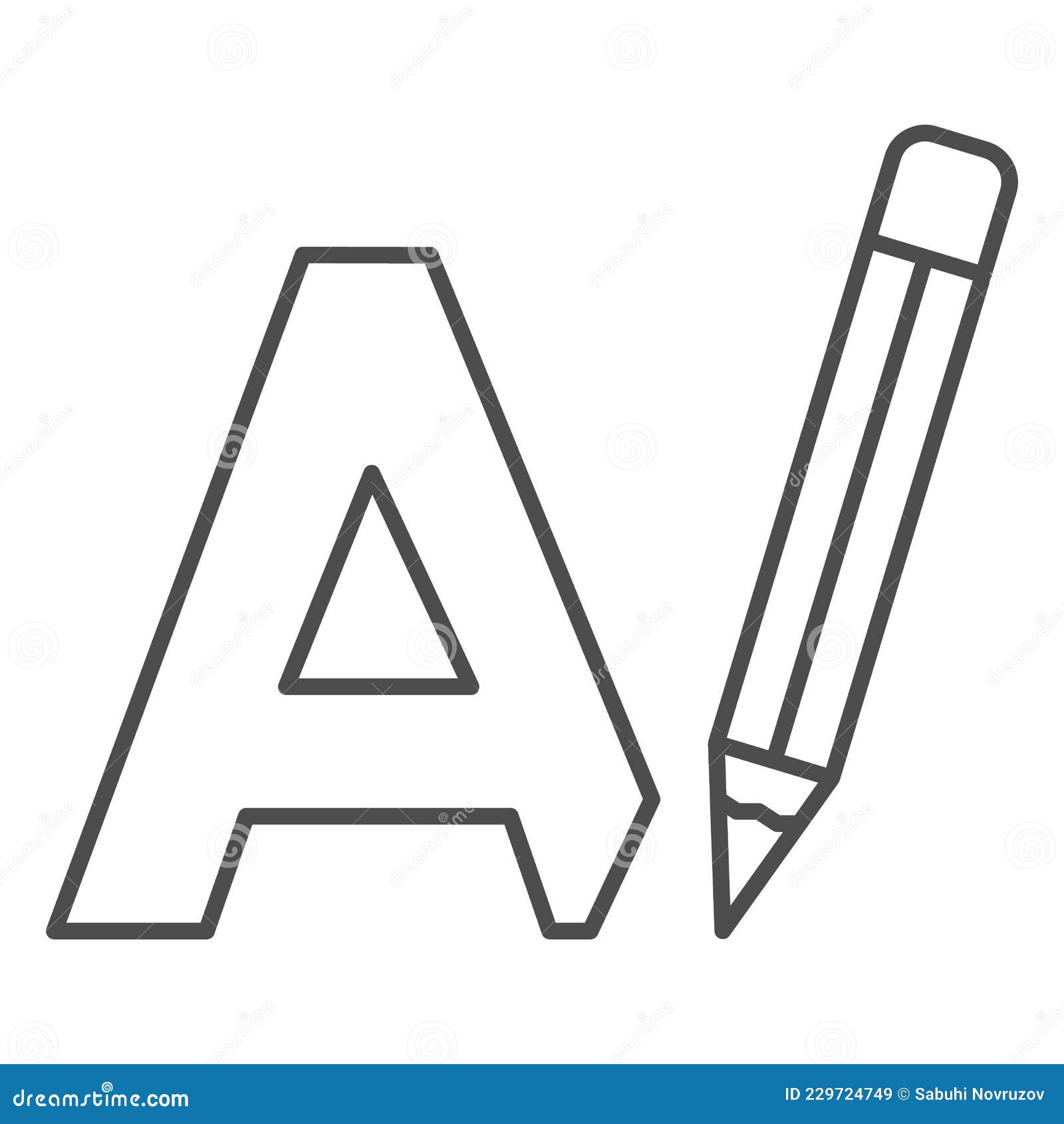 letter a and pencil, writing thin line icon, linguistics concept, big a drawing  sign on white background, outline