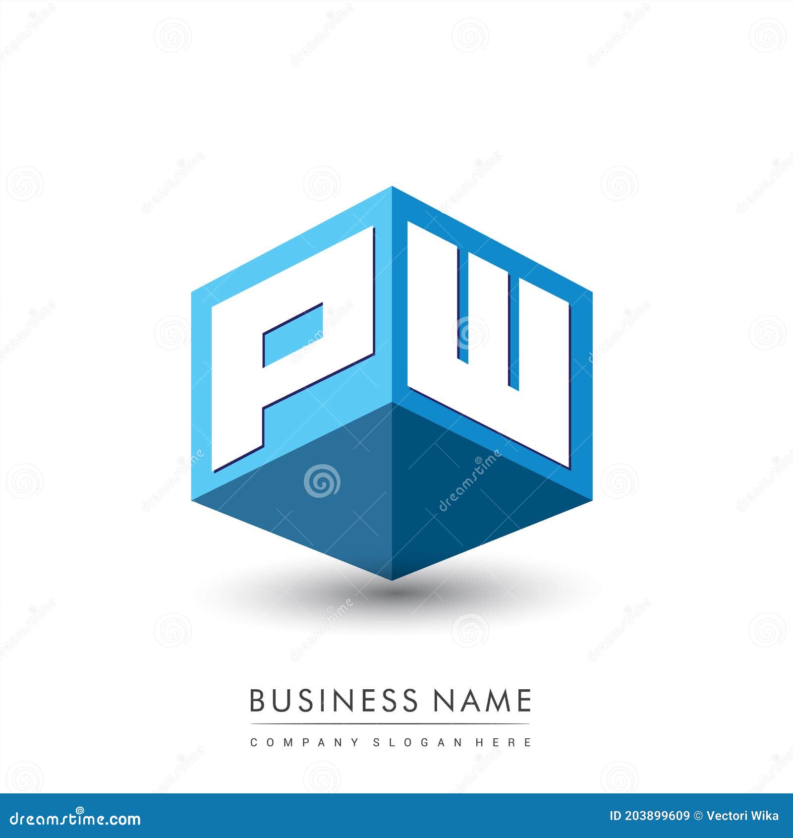 letter pw logo in hexagon  and blue background, cube logo with letter  for company identity