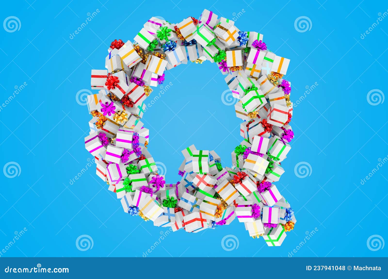 Letter Q from Gift Boxes, 3D Rendering Stock Illustration