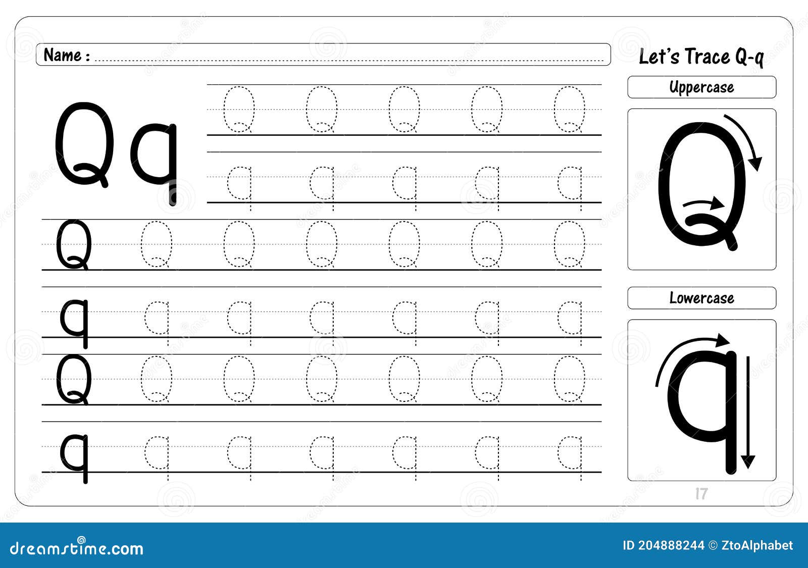 Letter Q Tracing and Writing Worksheets Stock Vector