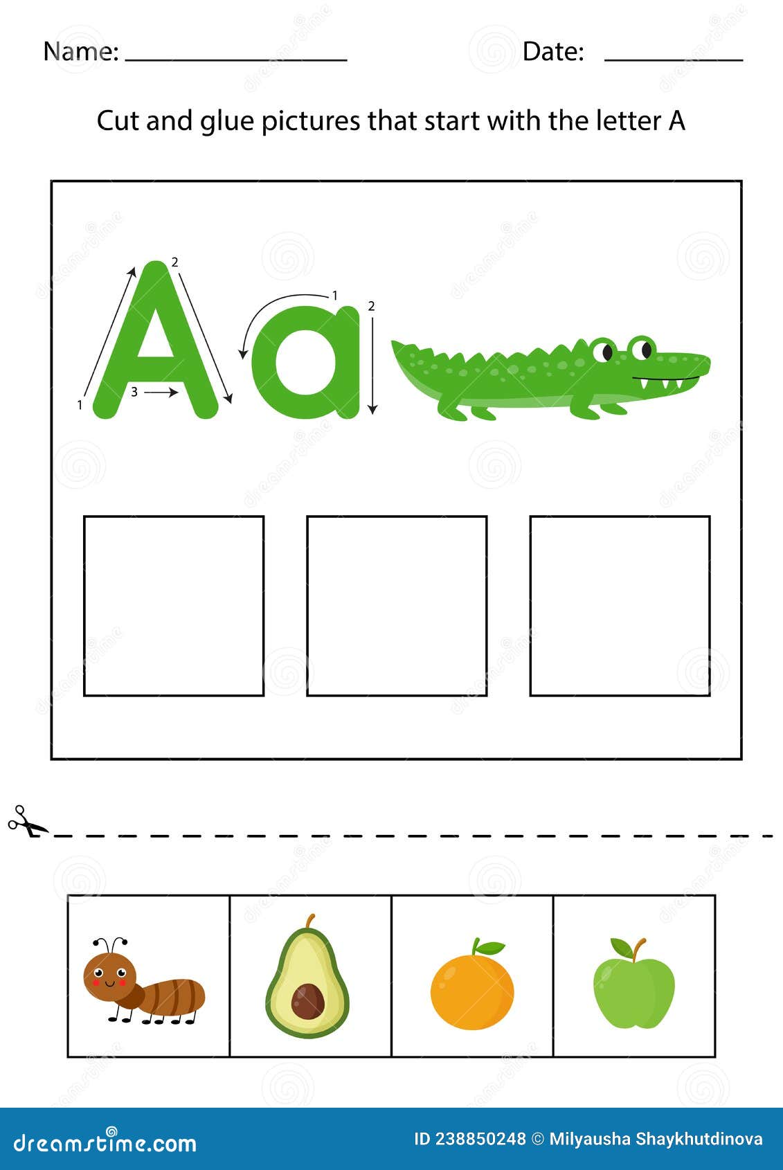 Letter Recognition for Kids. Cut and Glue. Letter a. Stock Vector