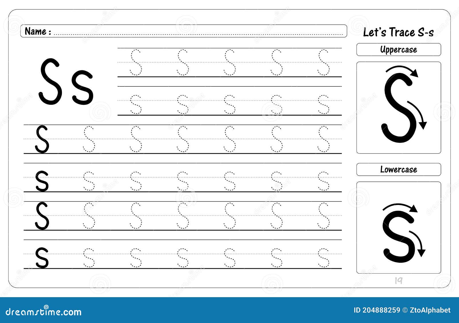 Letter S Tracing and Writing Worksheets Stock Vector