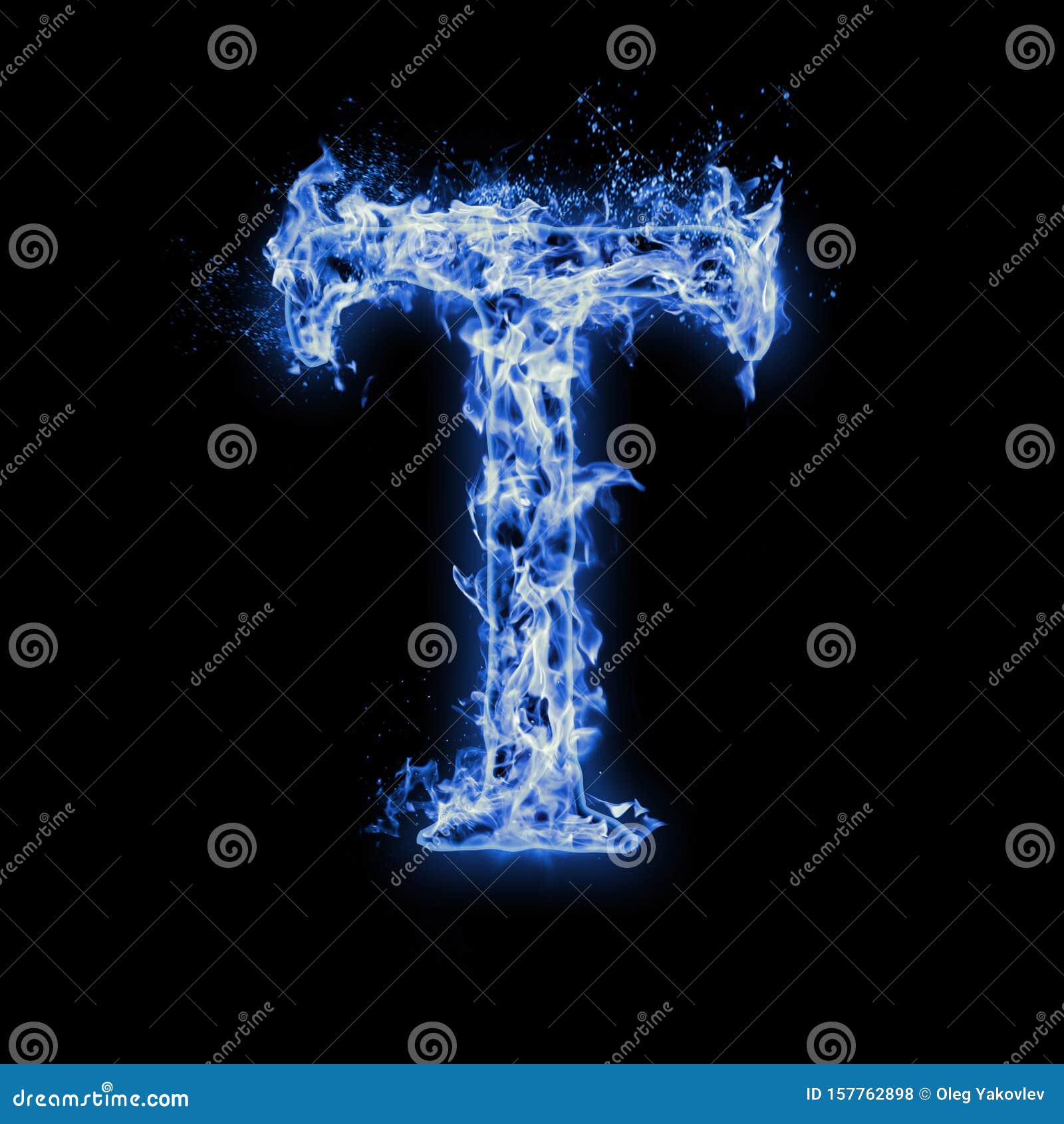 Letter T. Blue Fire Flames on Black Stock Illustration