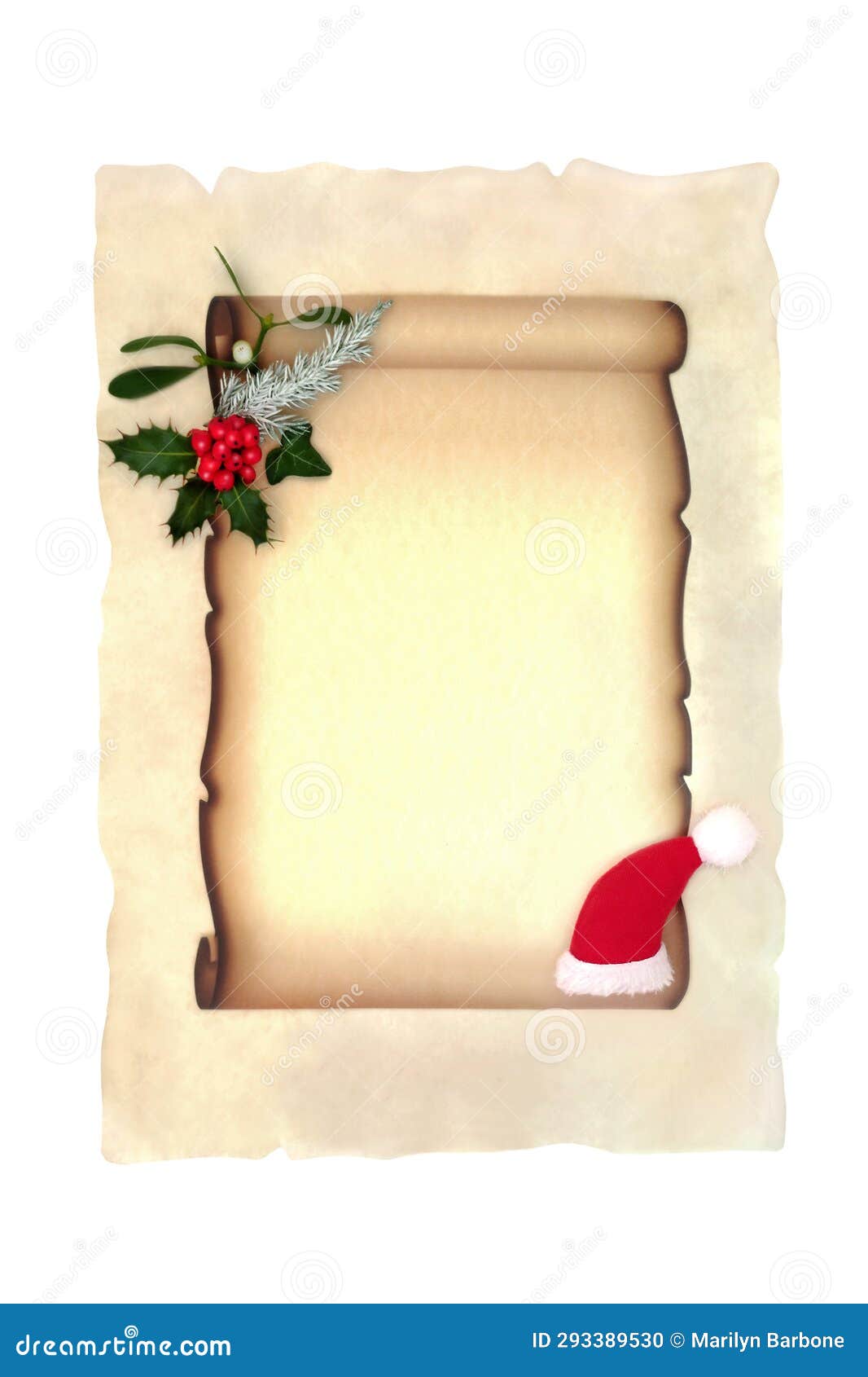 Letter To Santa Christmas Parchment Paper Scroll and Flora Stock