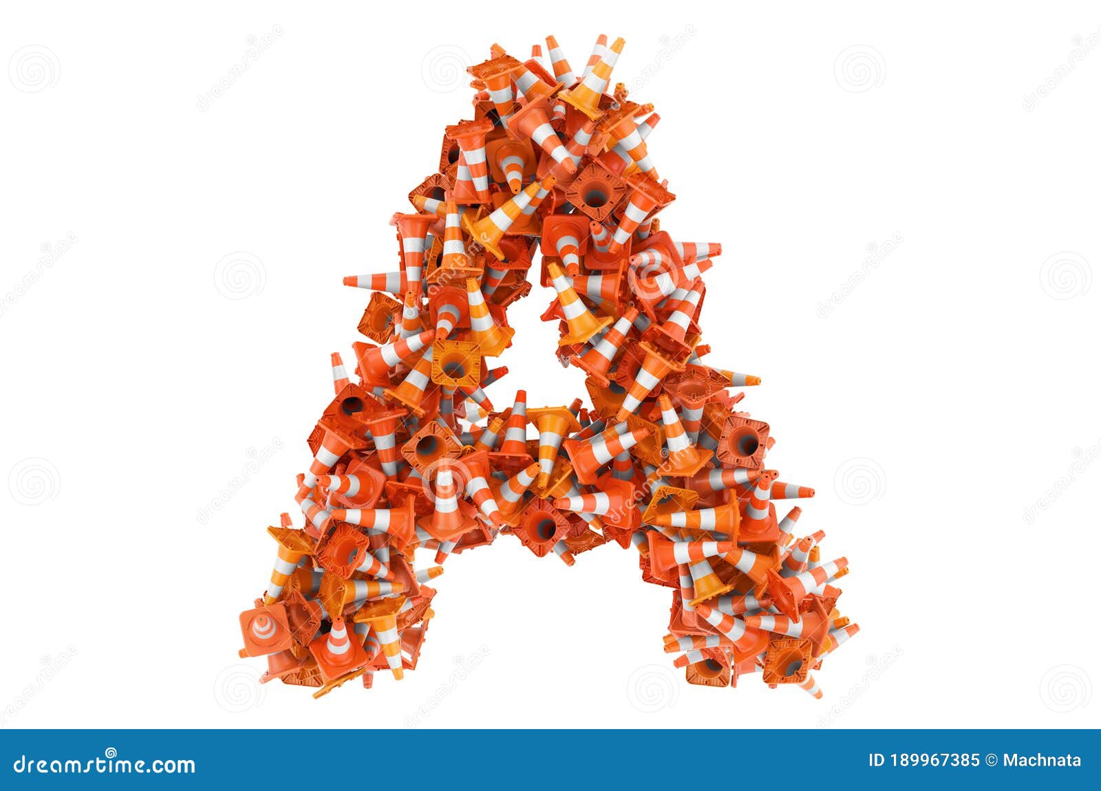 Letter a from Traffic Cones, 3D Rendering Stock Illustration