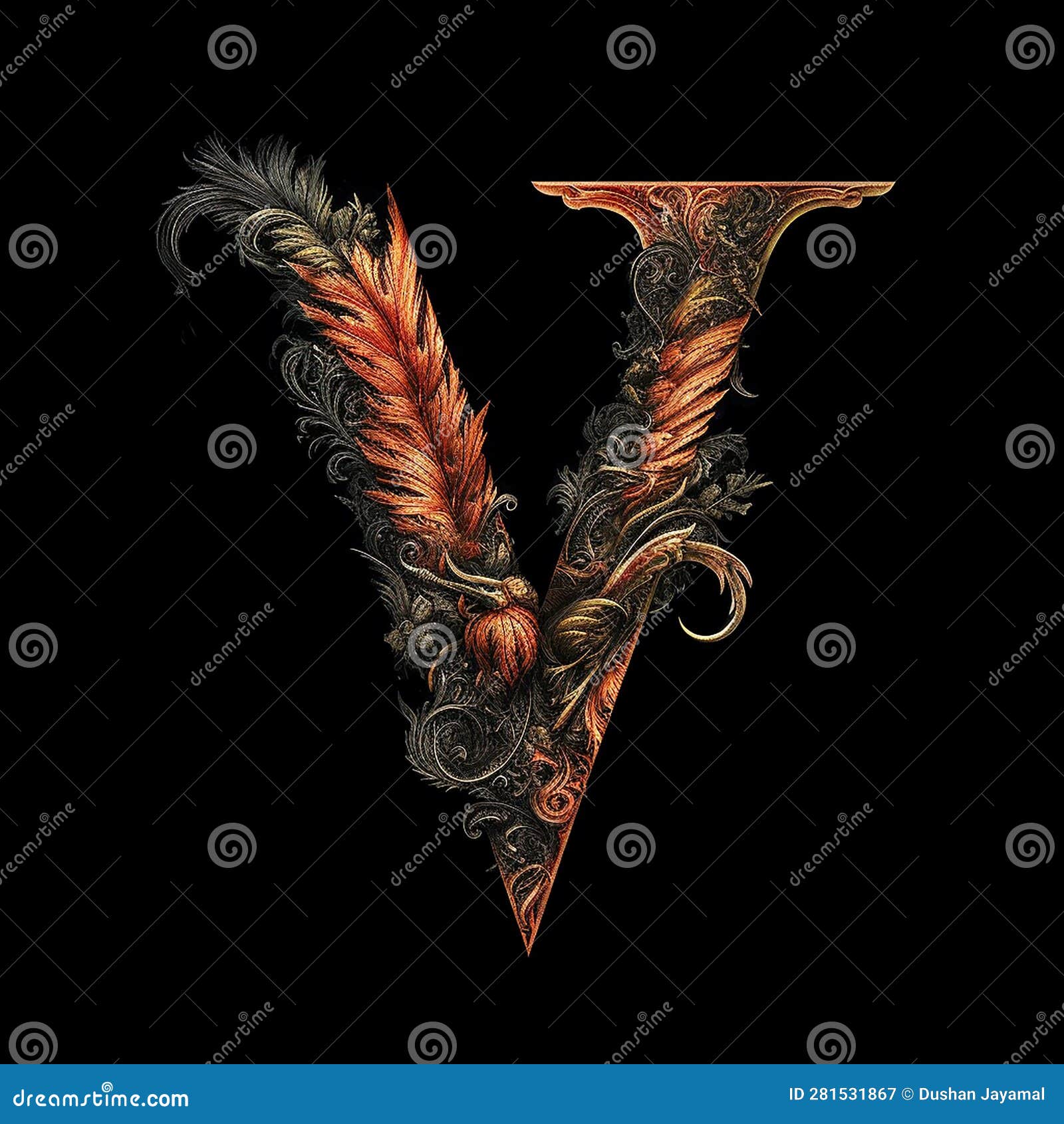 The Letter V in a Mythical Way on Black Background.Generative AI Stock