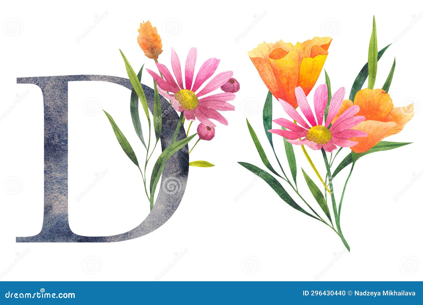Letter D with Watercolor Wildflowers. Floral Alphabet, Set Isolated ...