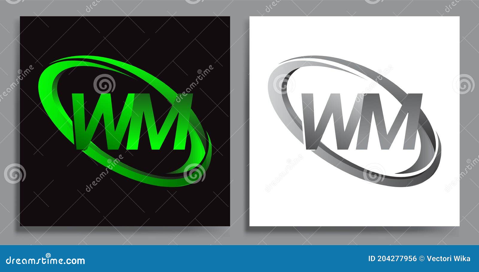 letter wm logotype  for company name colored green swoosh and grey.  set logo  for business and company identity