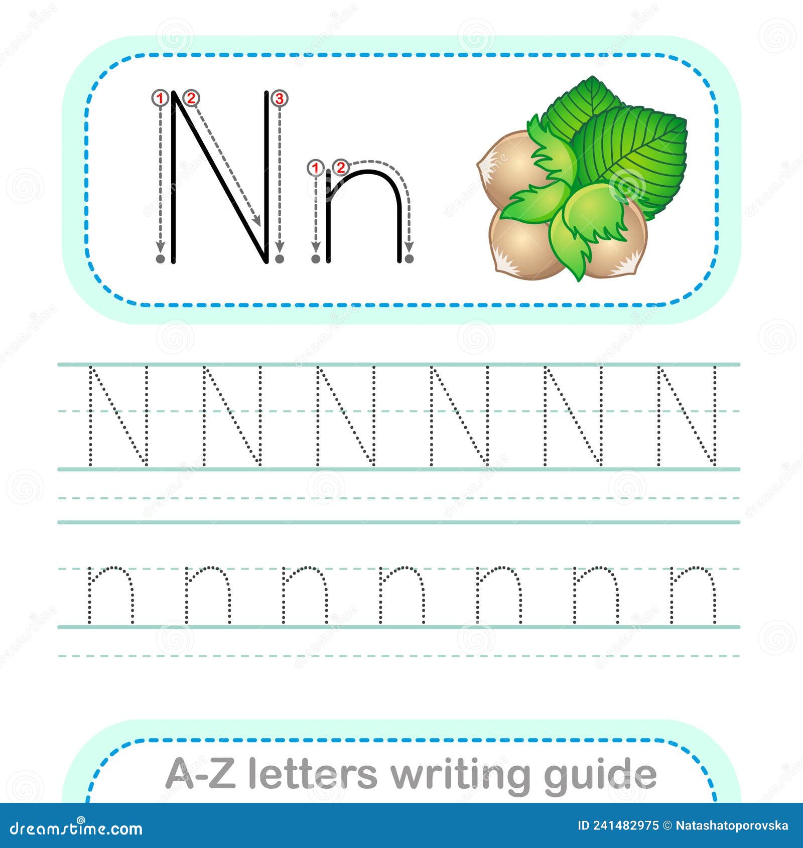 letter writing guide. worksheet tracing letters n. uppercase and lowercase letter english alphabet