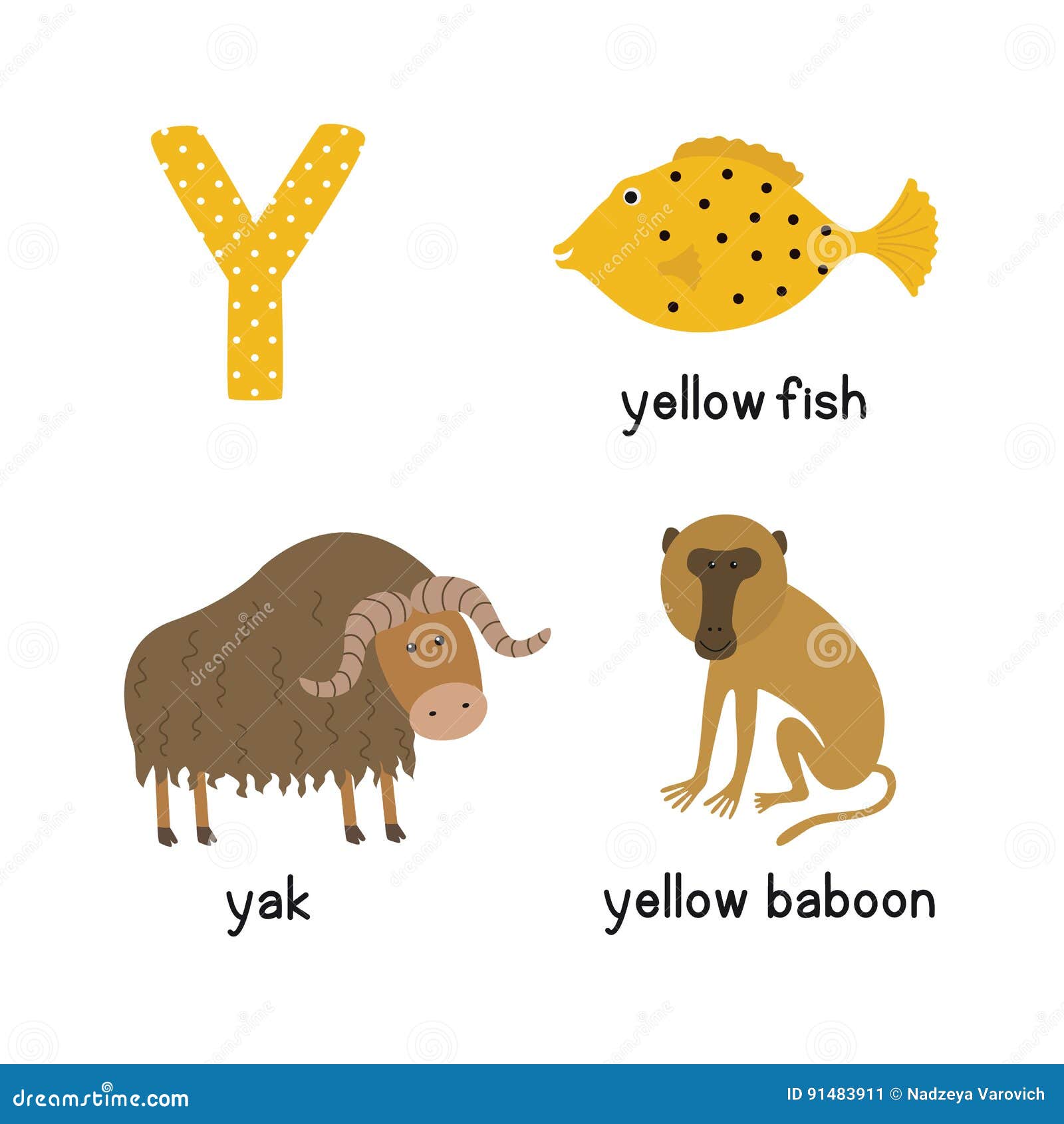 Lettera Y Alfabeto Del Fumetto Per I Bambini Yak Animali Dell Illustrazione Pesce Giallo Babbuino Giallo Illustrazione Di Stock Illustrazione Di Lettere Lettura